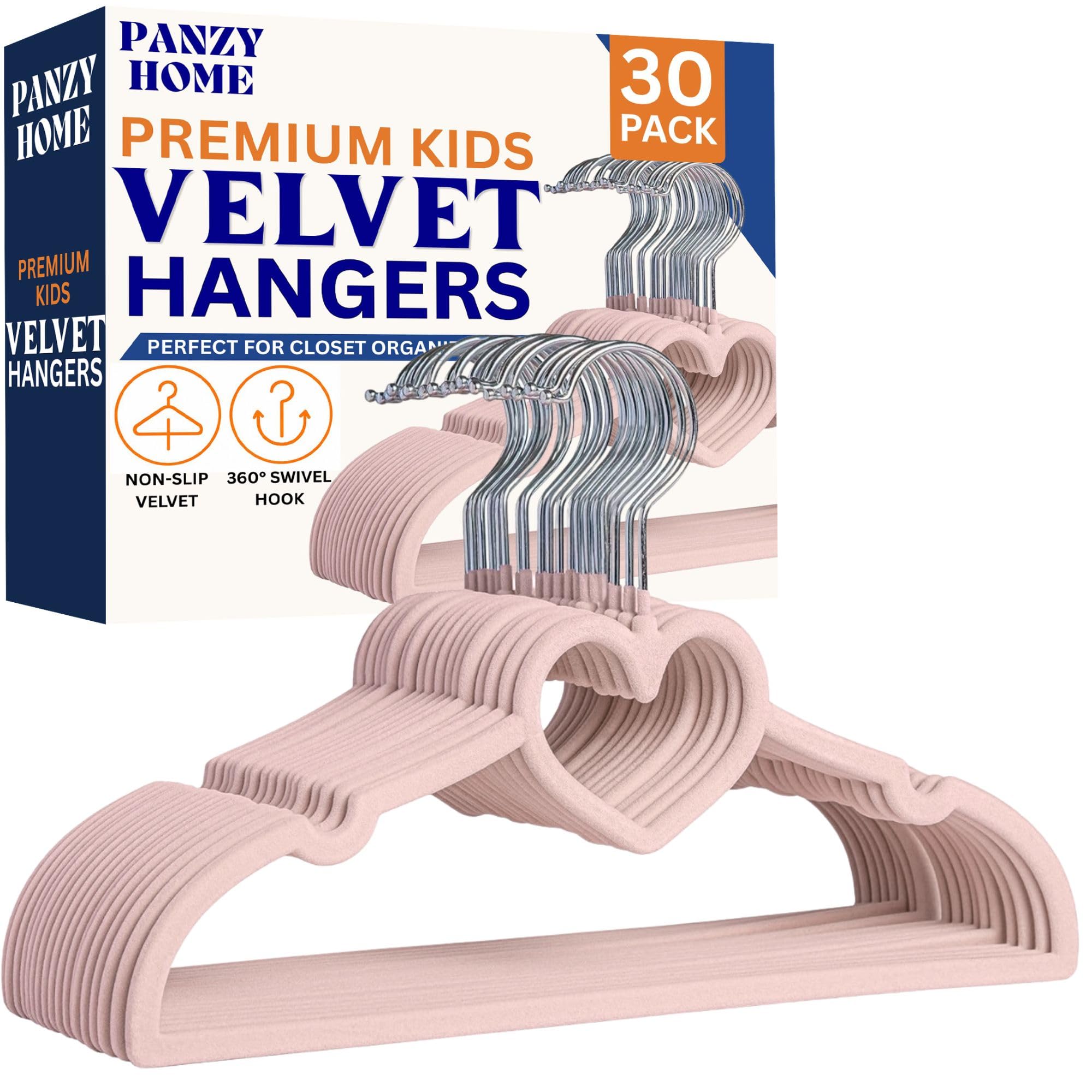 Panzy Home Blush Pink Heart Kids Velvet Clothes Hangers, Non-Slip Clothes Hangers For Infant And Toddler, Ultra-Slim Space Saving For Nursery Closet Organisation (30, )
