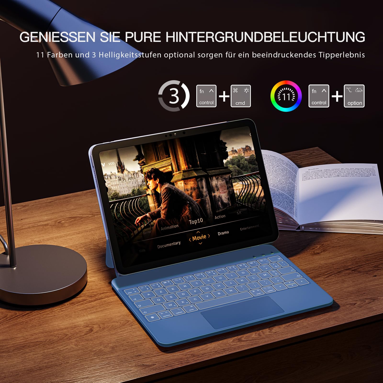 RAYMCRAFT für iPad (A16) 11th 2025/10th Generation Hülle mit Tastatur, Magic Keyboard für iPad 10.9" 2022, 11-Farben-Hintergrundbeleuchtung, Multi-Touch Trackpad, Magnetständer, Stifthalter, Stahlblau