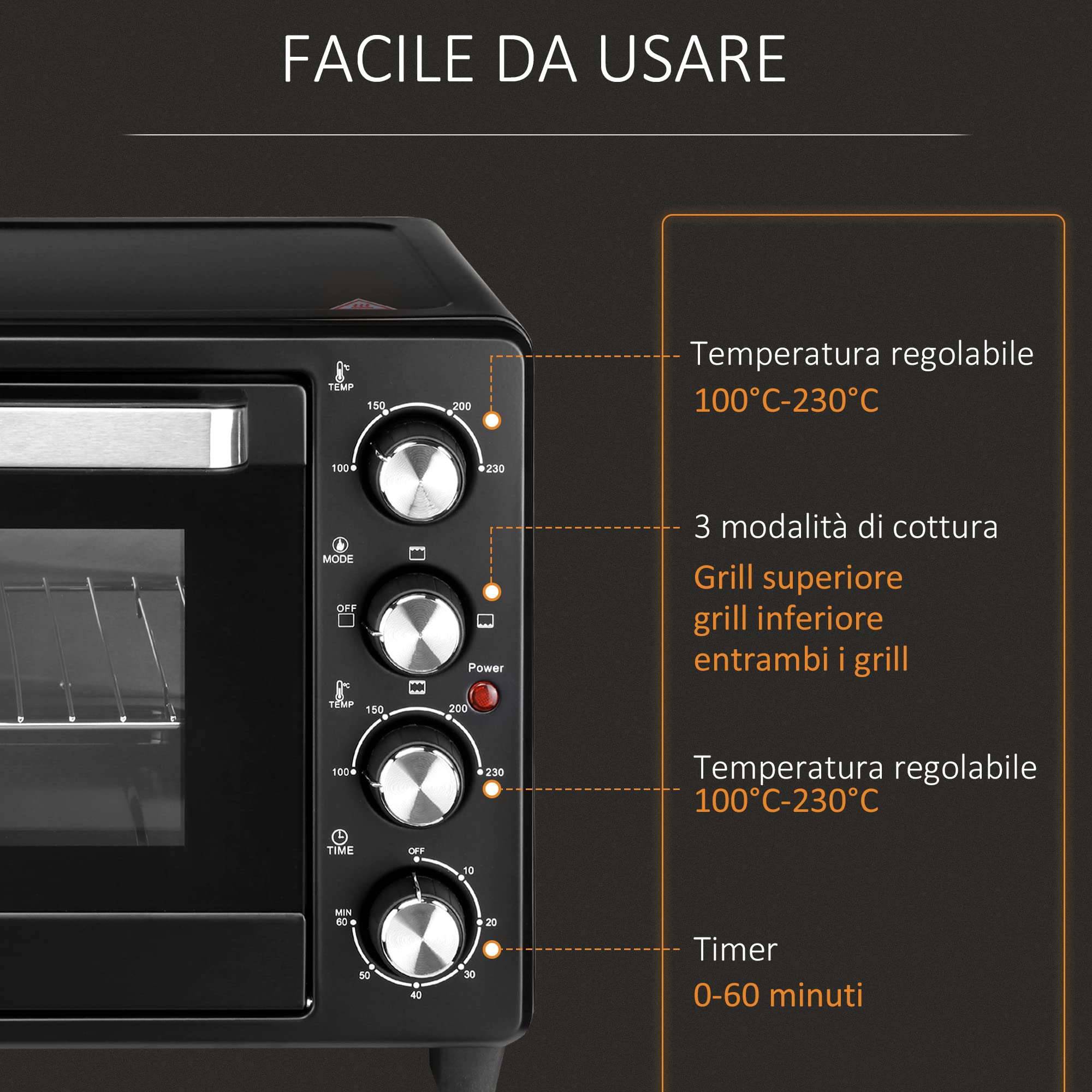 HOMCOM Fornetto Elettrico 32L Regolazione Temperatura e Timer, 3 Modalità di Cottura e Accessori, 1600W, 52.2x38.1x33.5cm, Nero