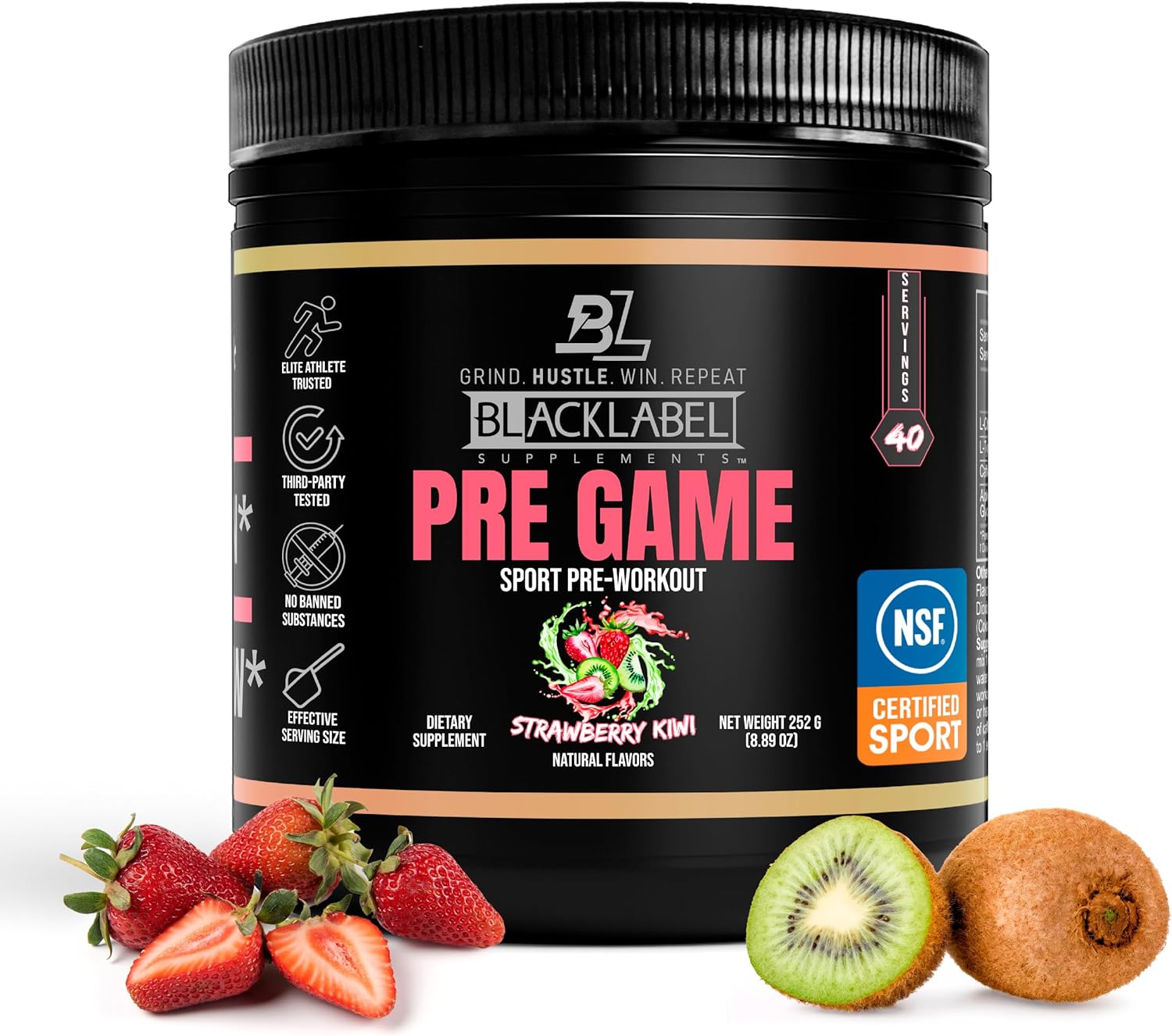 BLACKLABEL Supplements PRE-Game Pre Workout Powder, Strawberry Kiwi (40 Servings) – NSF Certified for Sport – Customizable 150mg Caffeine for Energy & Focus – Low-Stimulant Pre Workout for Men Women