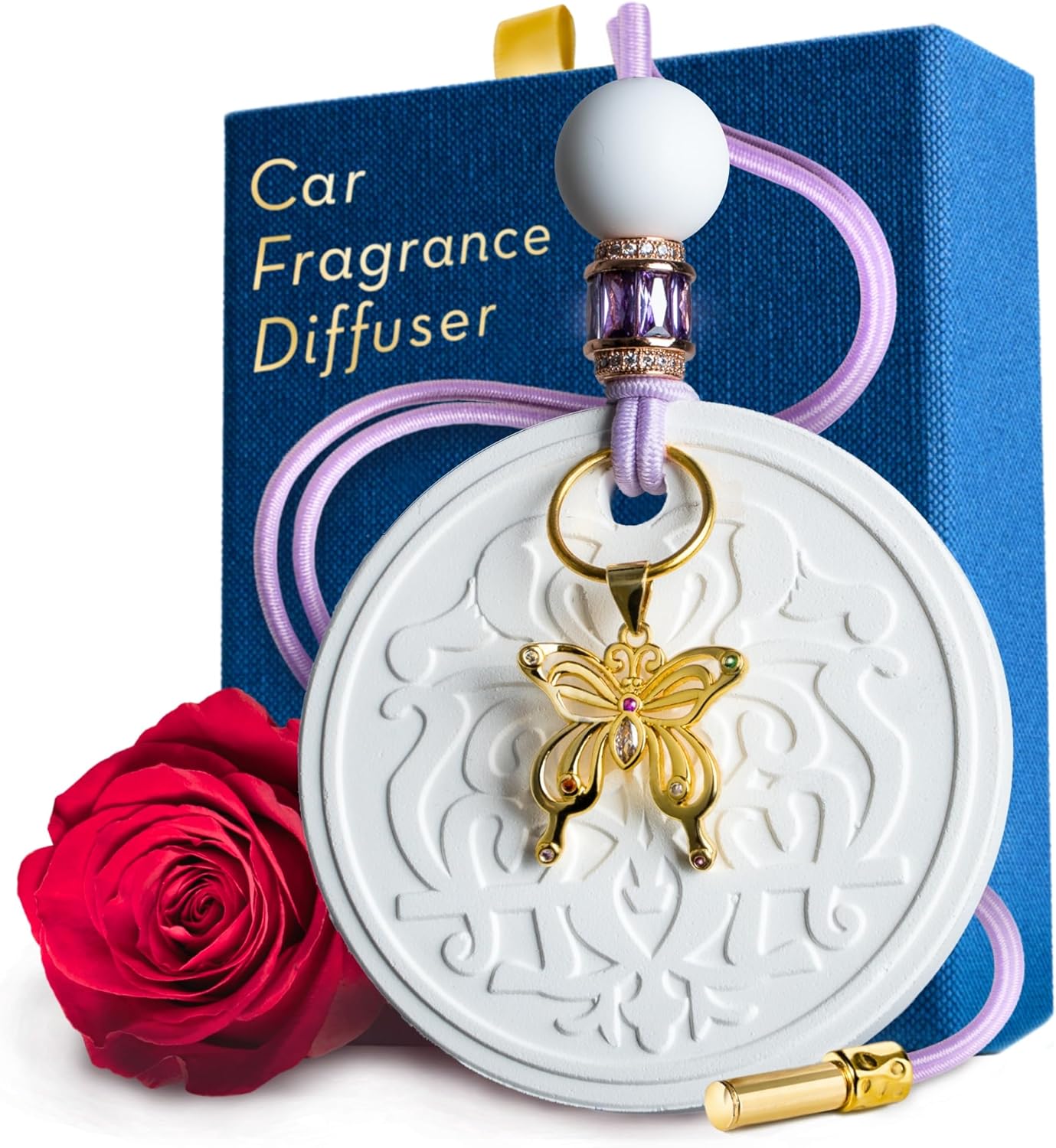 Luxury Car Air Freshener for Women - Refillable & Portable Luxury Fragrance Diffuser - Cute Car Accessories & Interior Decor - Mirror Hanging or Vent Clips - Butterfly Gold Charm, Rose Scent