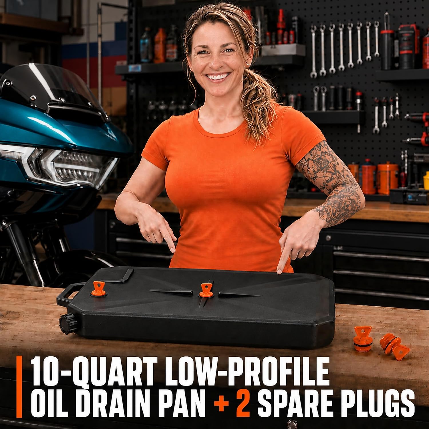 Low Profile Oil Drain Pan for Harley, 3-Hole Oil Change Tool with 2 Extra Orange Drain Plugs, Low Clearance Motorcycle Service Catch Tray, Orange Service Points, 10-Qt Used Fluid Pan, Use & Care Guide
