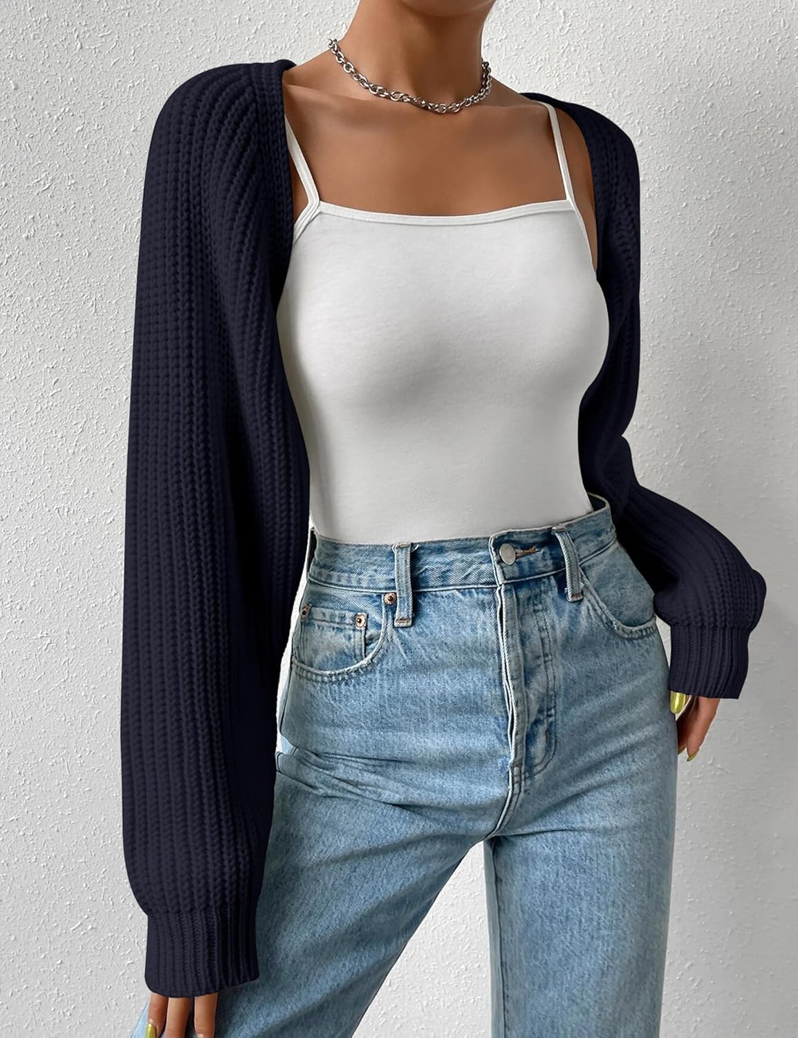 Women's Long Sleeve Open Front Knitted Crop Cardigan Drop Shoulder Knit Bolero Shrug Sweater - Image 3
