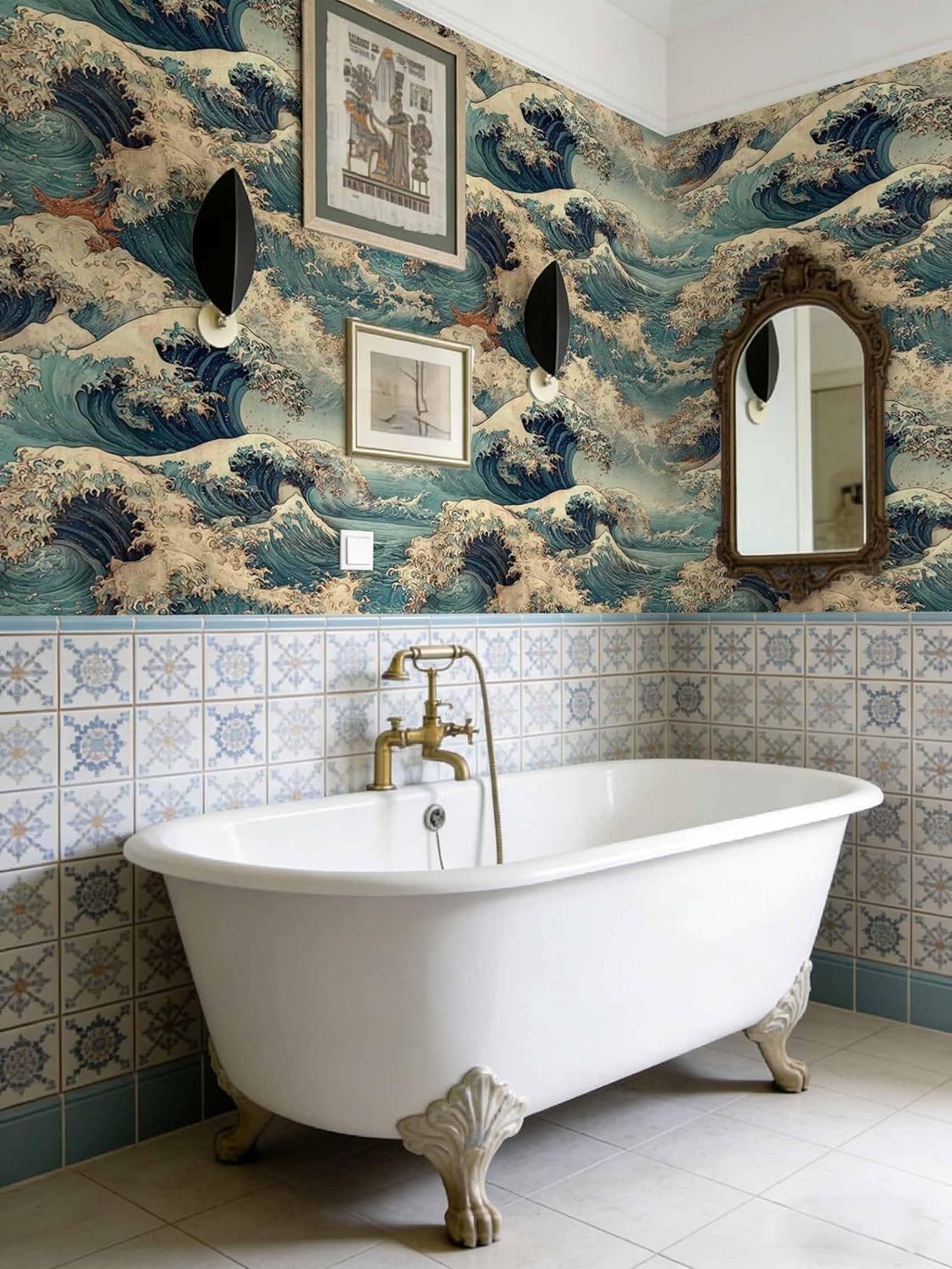 Vintage Ocean Wave Wallpaper, Japanese Art Inspired Seascape Wallpaper for Home Decor | Self-Adhesive, Waterproof Vinyl, 17.7" x 236"
