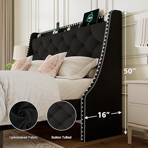Miniatura 10 de Base de cama tamaño Queen con cabecero de almacenamiento capitoné con botones en la parte trasera y puertos tipo CA, plataforma tapizada, soporte de