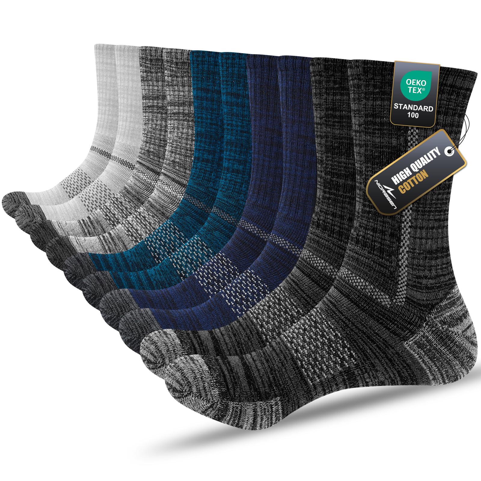 Niorasen Socken Herren, Gepolstert Atmungsaktive Wandersocken Sportsocken, Baumwolle Crew Tennissocken Arbeitssocken Laufsocken 5 Paar