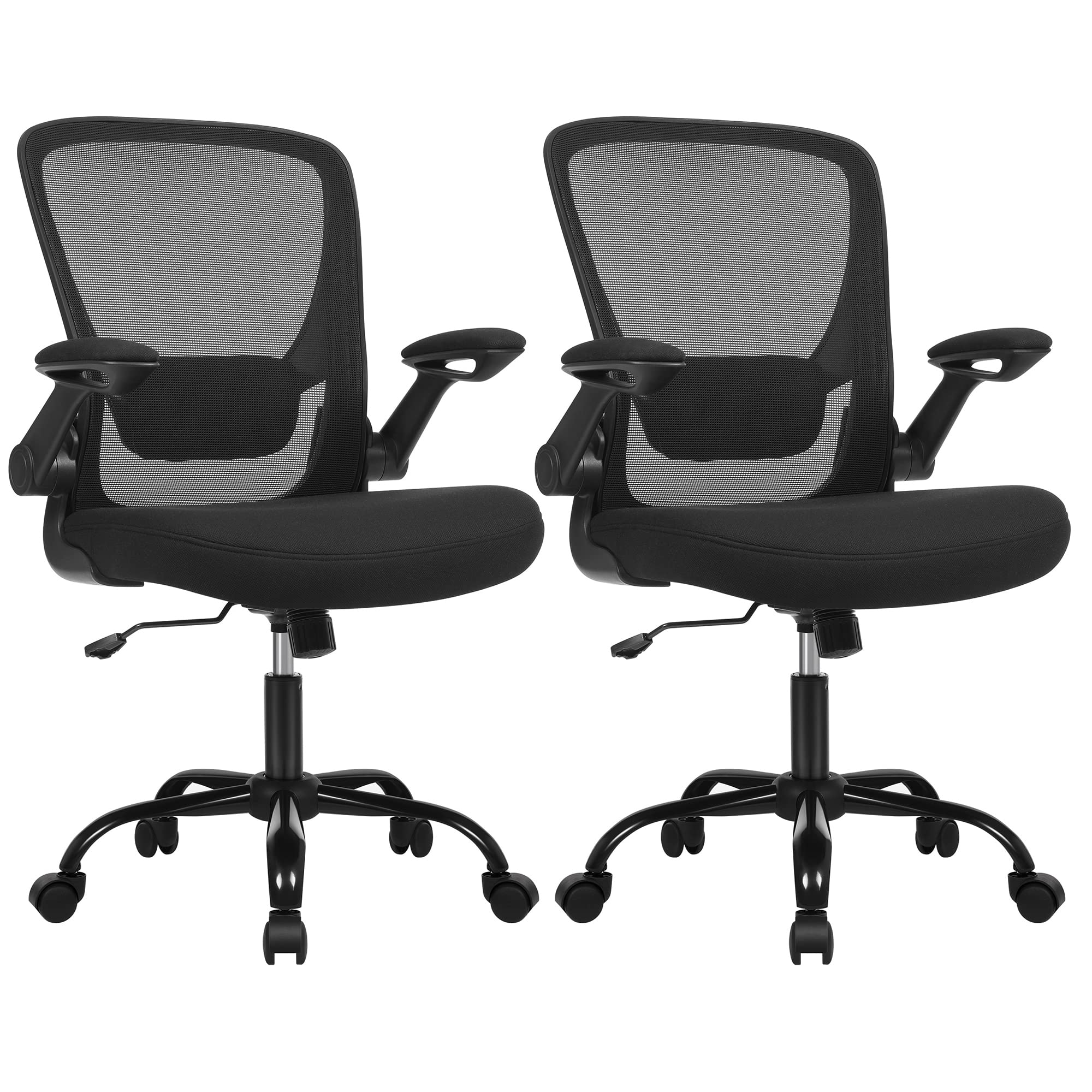 SONGMICS Chaise Bureau Ergonomique en Toile, Fauteuil, Lot de 2, Support Lombaire Rembourré, Mécanisme à Bascule, Assise Large de 53 cm, Accoudoirs Rabattables, Noir OBN37BK-​2