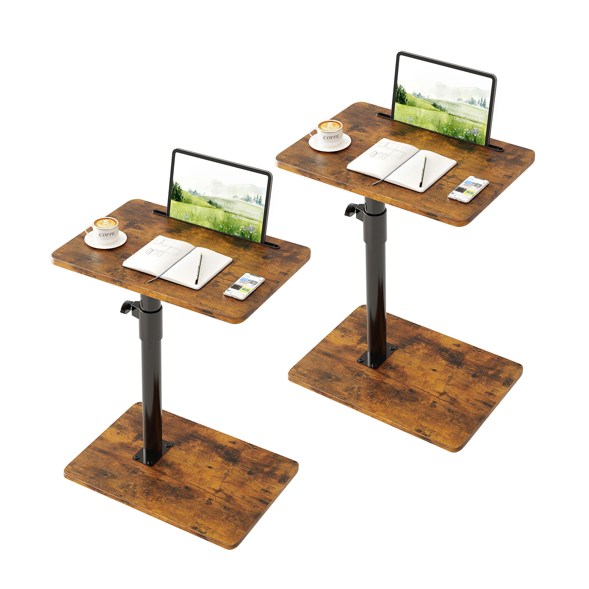 CAIYUN C Shaped Side Table, Height Adjustable Swivel 360° Rotating, Brown End Table Set of 2 for Small Spaces, Sofa Side Table with Metal Frame for Living Room, Bedroom