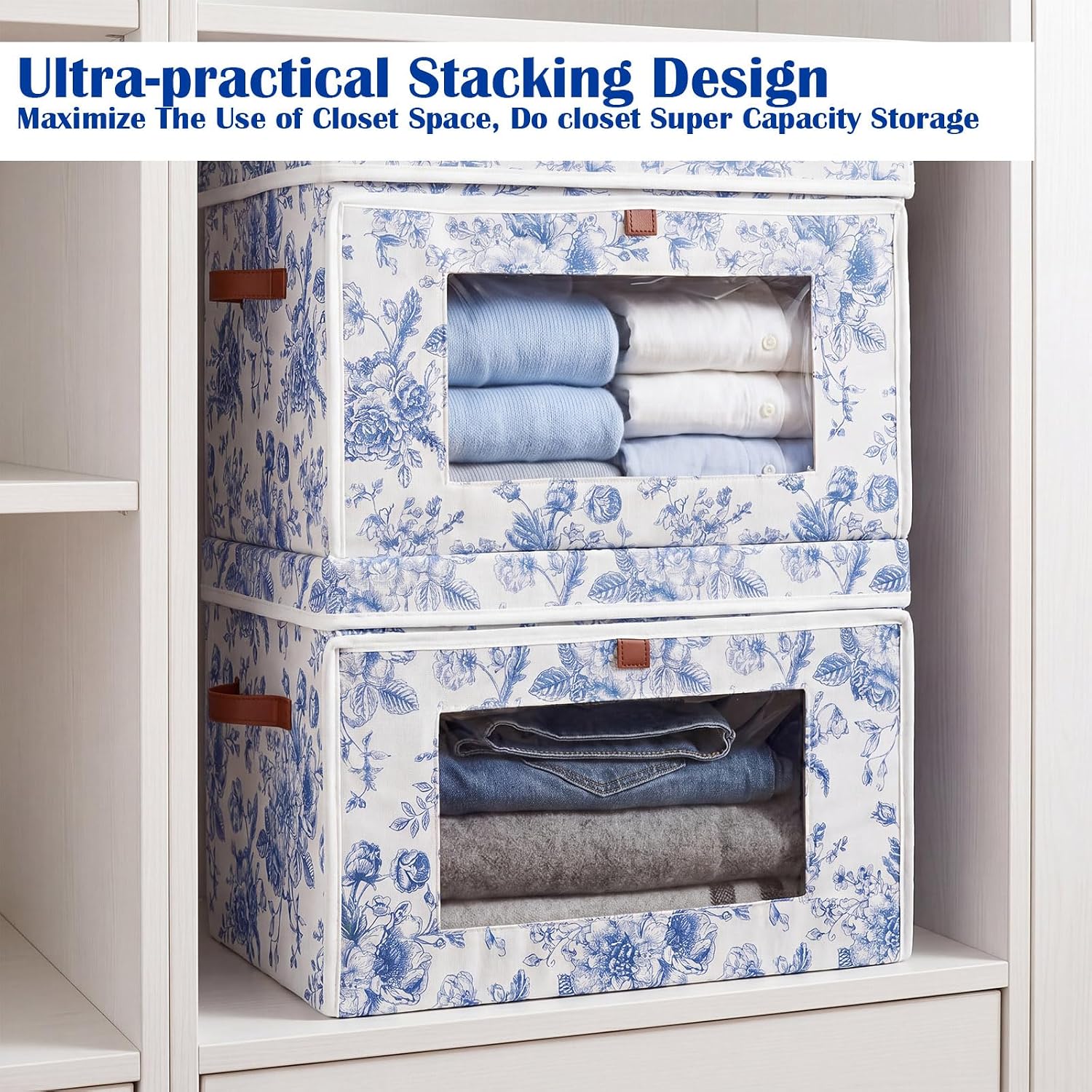 Domensi 2 Pack Blue Floral Large Storage Bins with Lids Handles Blue and White Porcelain Storage Boxes 16.5x11.8x11 Inch Foldable Fabric Basket Decorative Organizer for Clothes Nursery Dorm(Window)