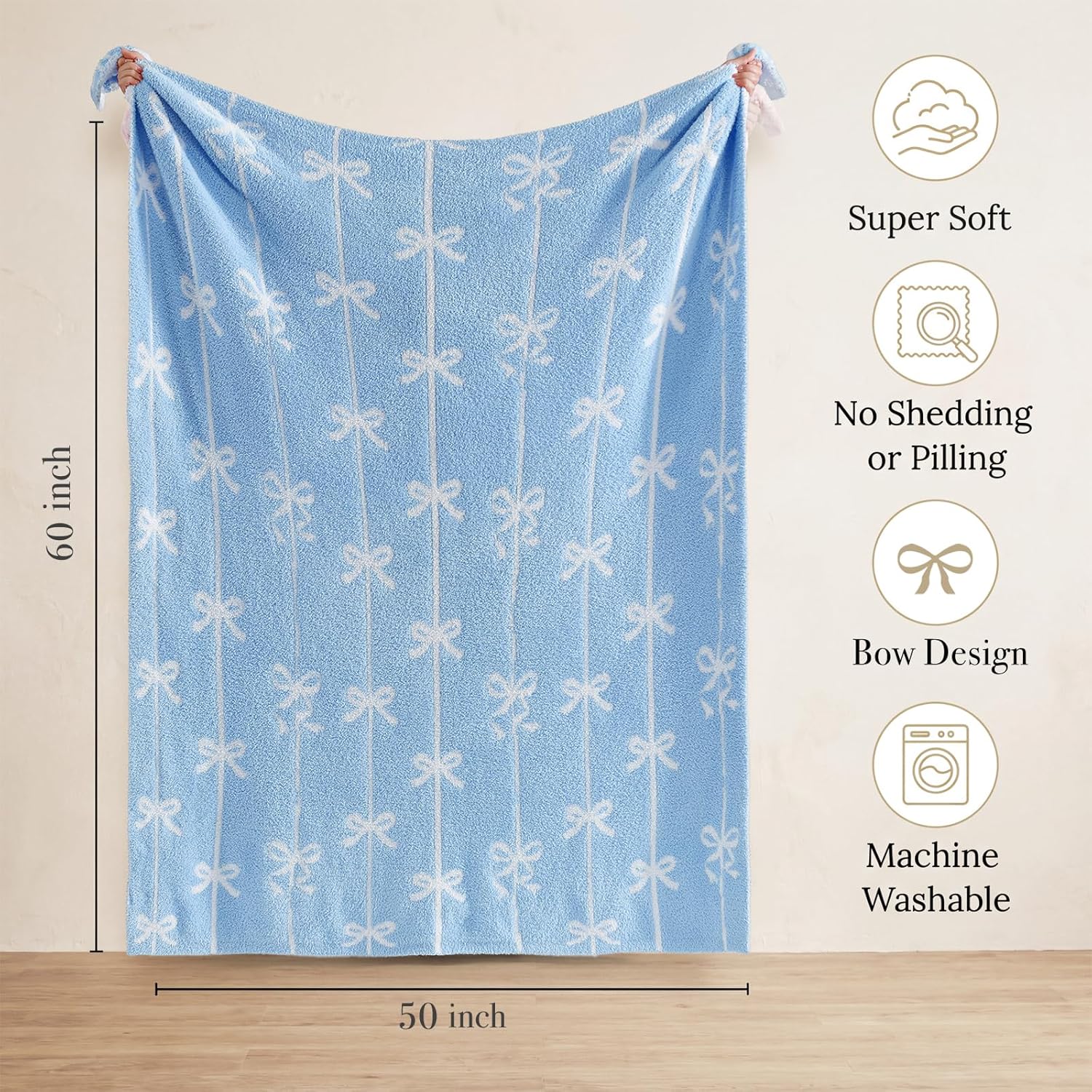 Wink Deer Blue Bow Throw Blanket - Soft Stripe Throw for Women Girls Teens Kids as Gifts Cozy Fuzzy Reversible Home Decor Blankets for Couch Sofa Bed Camping 50"x60"