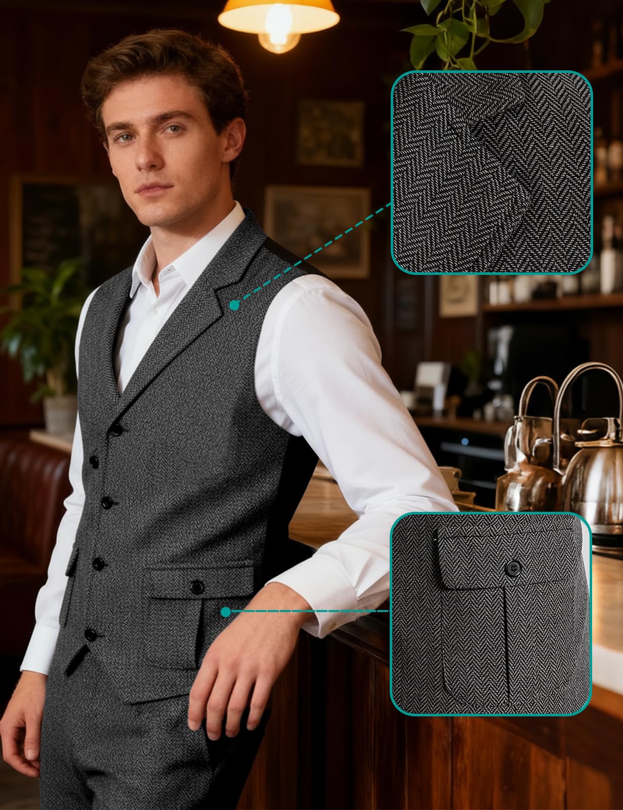 mintgreen Gilet vintage da uomo in tweed a spina di pesce, scollo a V, vestibilità regolare, gilet casual