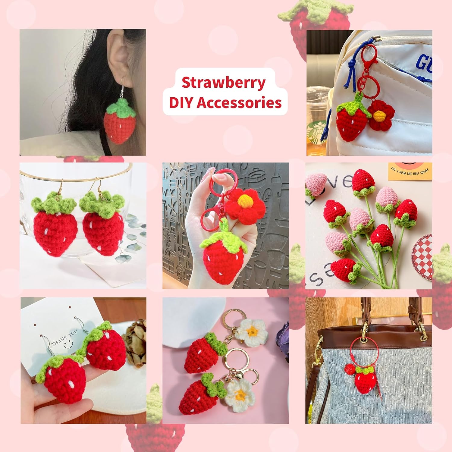 10 Pcs Handmade Crochet Strawberry DIY Accessories for Car Keychains Bag Wallet Purse image 3