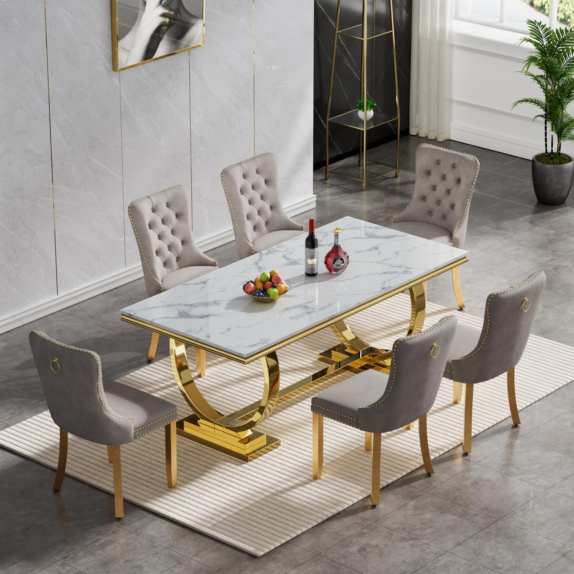 7 Piece Marble Dining Table Set for 6, Luxury White Marble Gold Kitchen Table with 6 Grey Velvet Upholstered Chairs, Modern 6 Person Dining Room Table Set for Kicken Dining Office Room