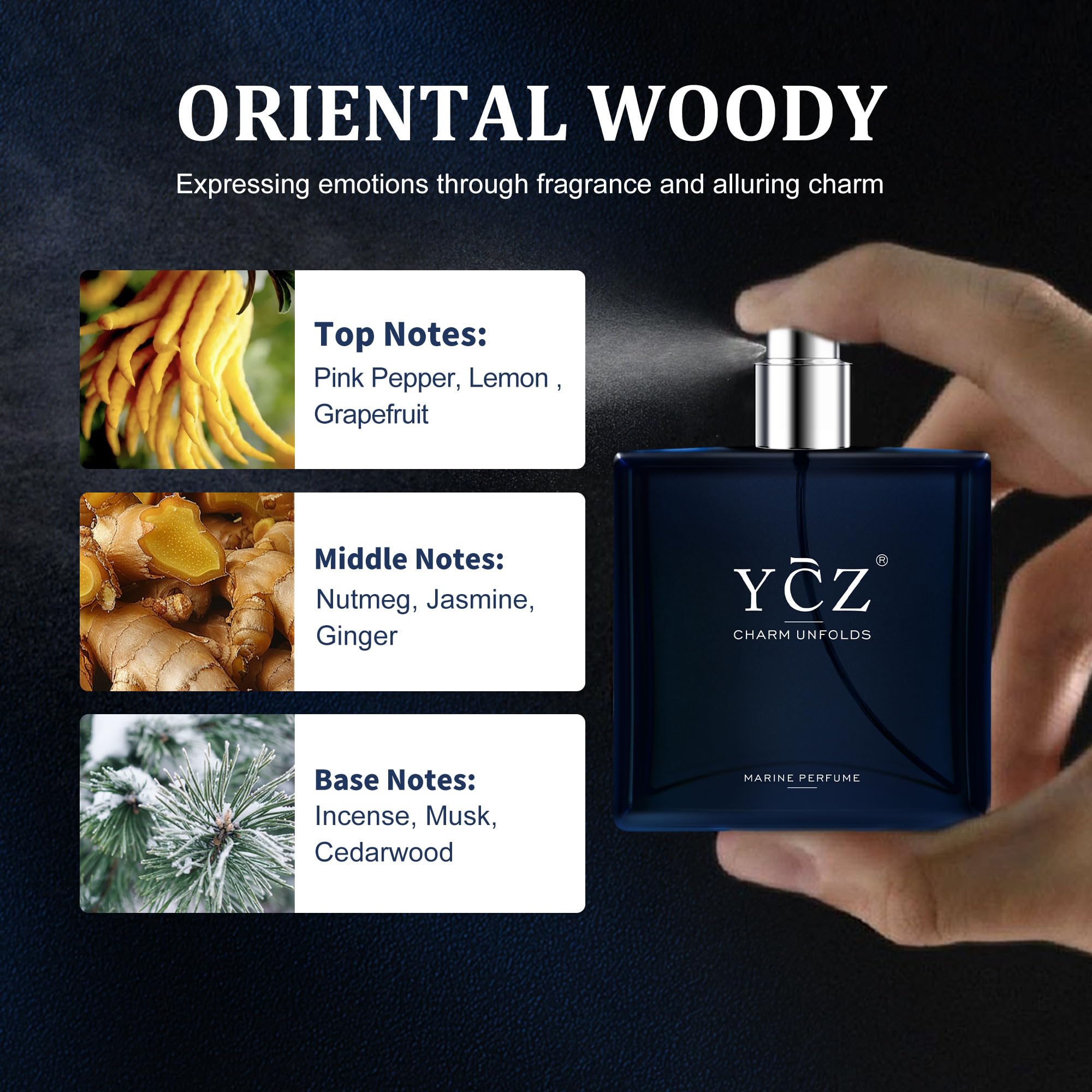 Ycz Charm Unfolds Marine Perfume for Men, 1.7 oz. Long Lasting Eau De Parfum Cologne For Men, Oriental Woody Fragrance - Ideal Special Occasions, Making it the Ideal gentlemen’s Gift