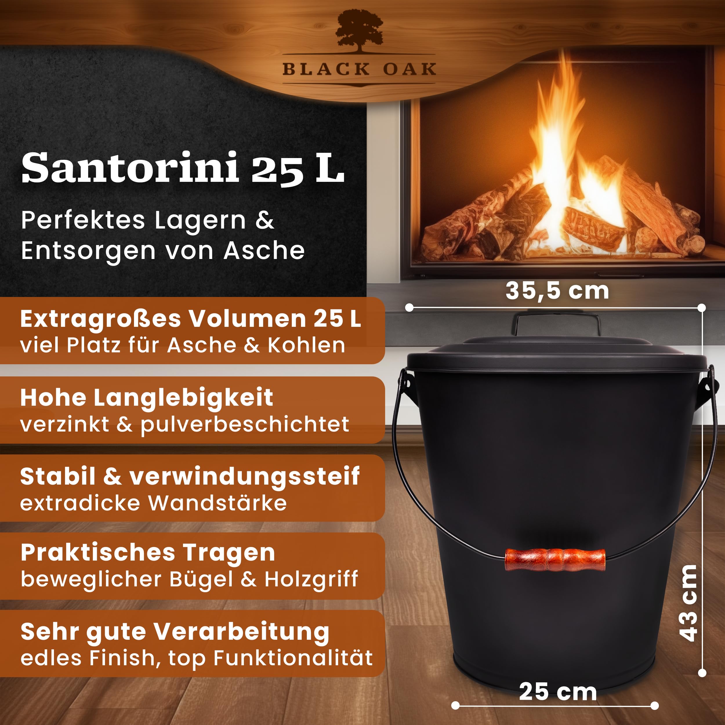 BLACK OAK Secchio per cenere Santorini, 25 l, nero con coperchio, XXL, extra grande, 25 litri, in acciaio zincato a prova di fuoco, verniciato a polvere, cenere e carbone, accessorio ideale per camino