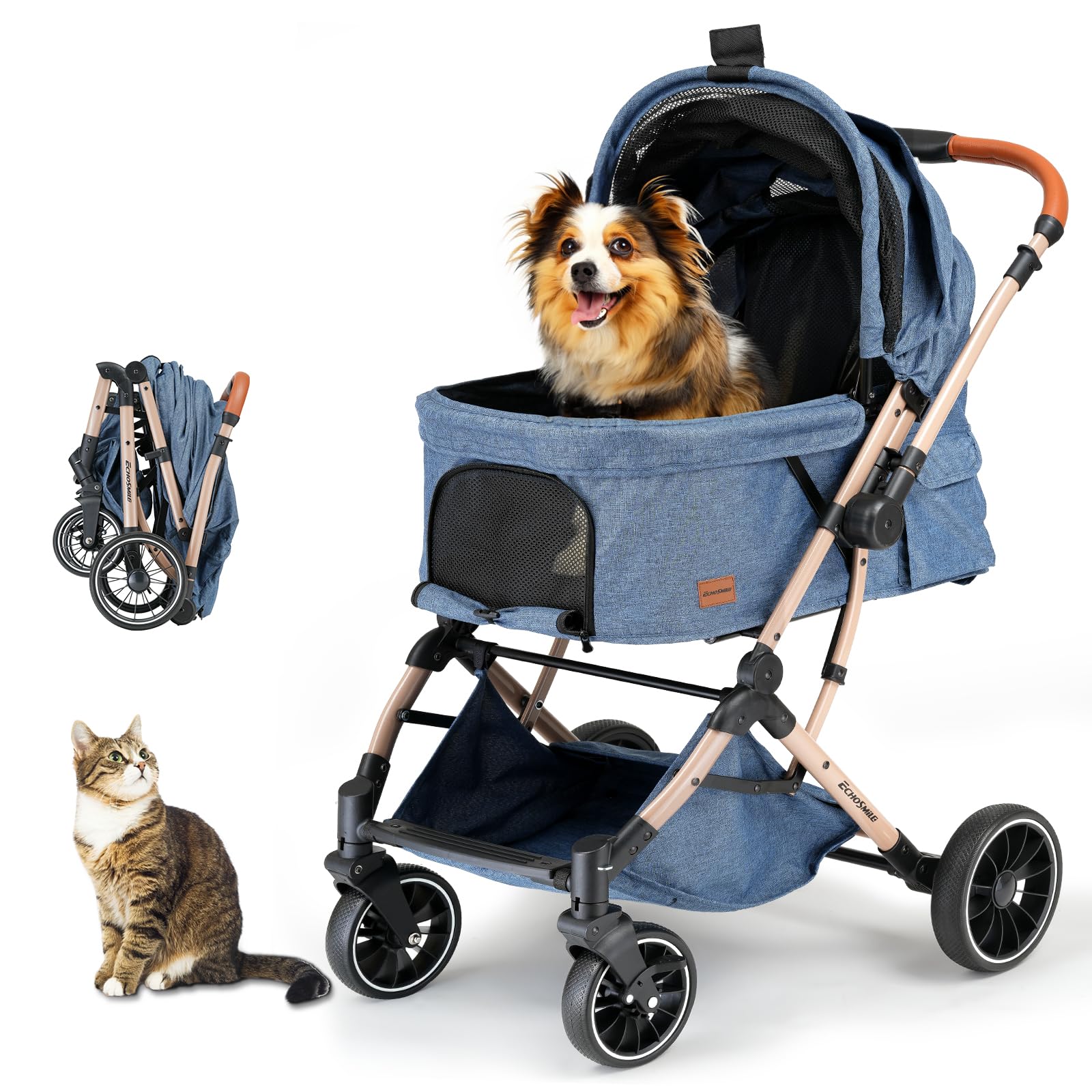 EchoSmile Folding Dog and Cat Cart with One Button, Dog Cart 20 kg, Dog Car with Reversible Handle, Shock Absorption and Removable Washable Pad (Blue)