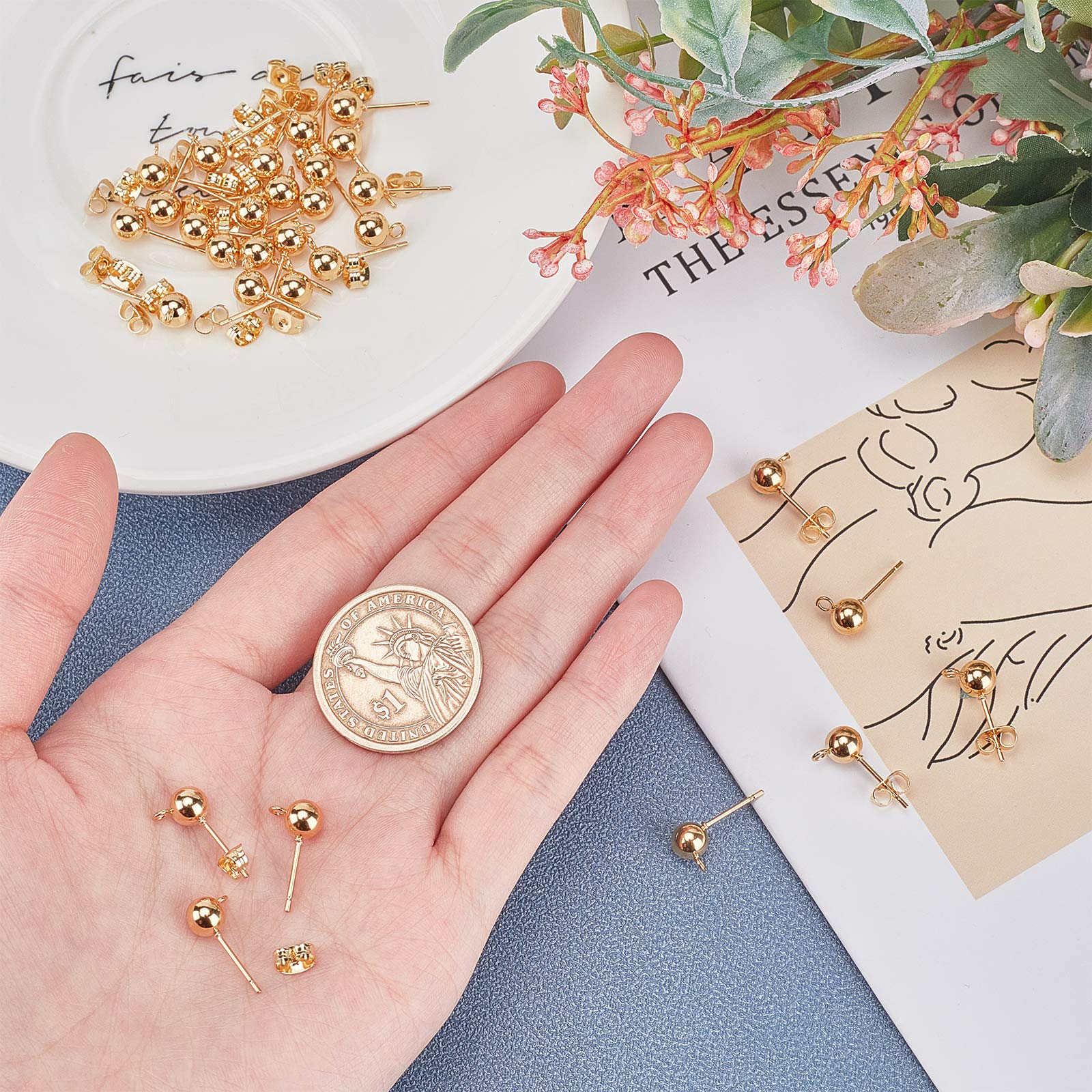 50 Stück 18K Vergoldete Ohrstecker - DIY Ohrring Set Mit Kugeln 16mm