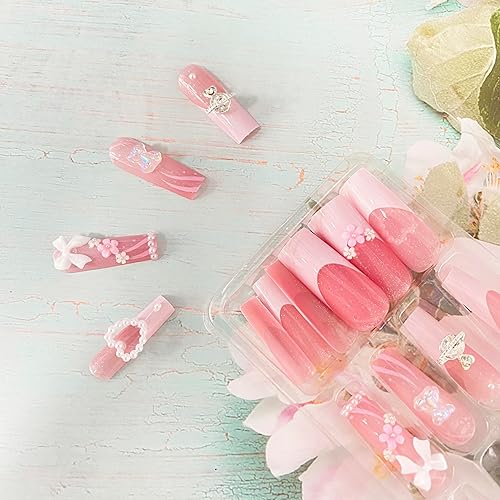 Miniatura 5 de 24 uñas postizas largas a presión con punta francesa con encanto, diseño de oso de camelia, uñas adhesivas de cobertura completa con diseños de
