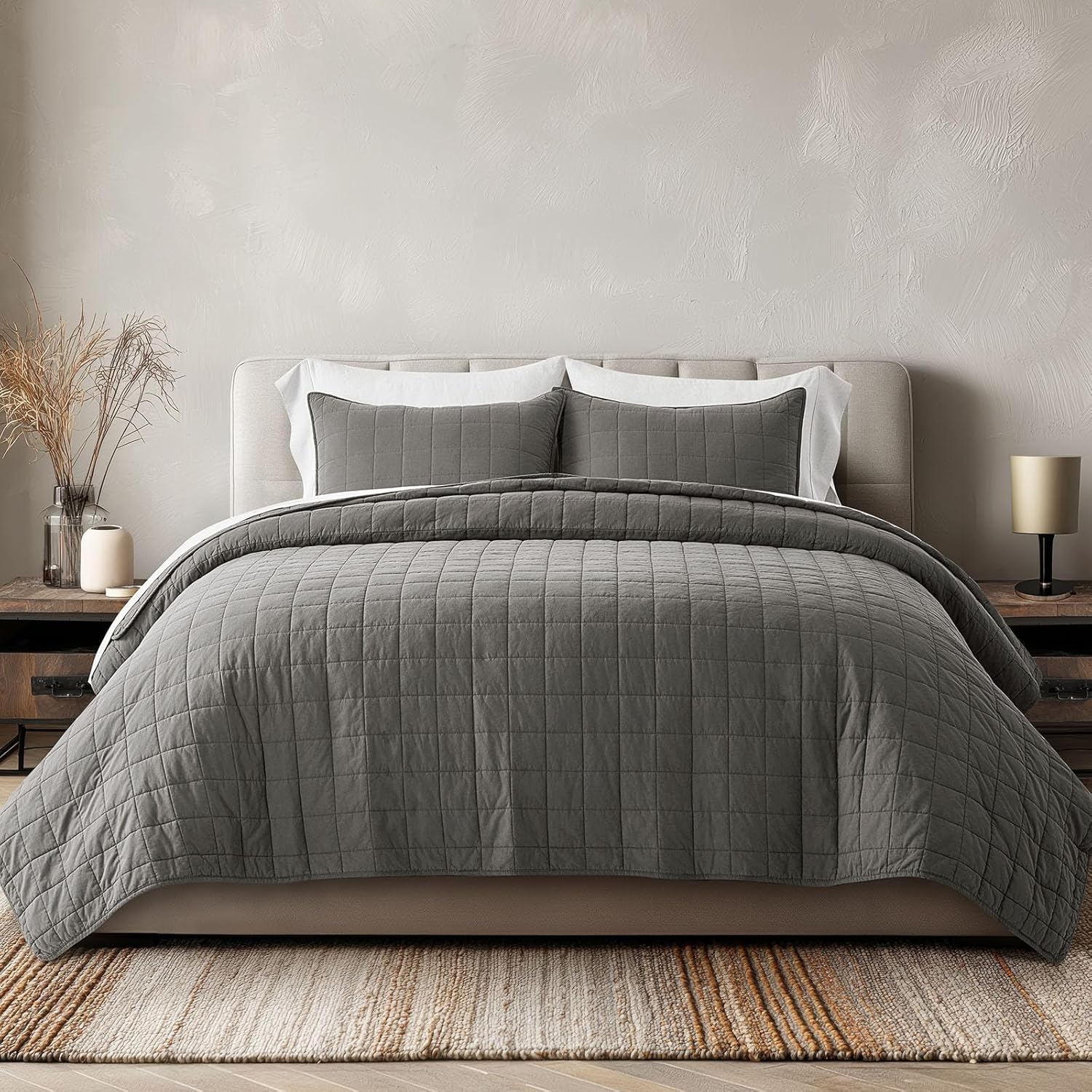 EVERGRACEHOME 100% Cotton Box Stitch Quilt Bedding Set King Size 3 Pieces, Garment-Washed Lightweight Soft Cozy Coverlet, Oversized Quilted Bedspread Sets with 2 Shams for All Season, Dark Gull Gray | Box Stitch Design, 100% Cotton, Soft, Oversized, Pre Washed, Oeko-Tex Certified