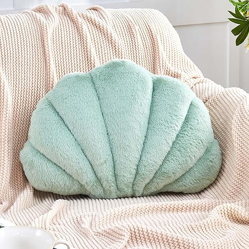 Almohada decorativa de conchas marinas, almohadas verdes en forma de conchas marinas, 13 x 10 pulgadas, decoración de habitación de mar, océano,