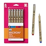 SAKURA Pigma Micron Fineliner Pens - Archival Black & Colored Ink Pens - for Writing, Drawing, or Journaling - Black & Assorted Colored Ink - 01 Point Size - 6 Pack