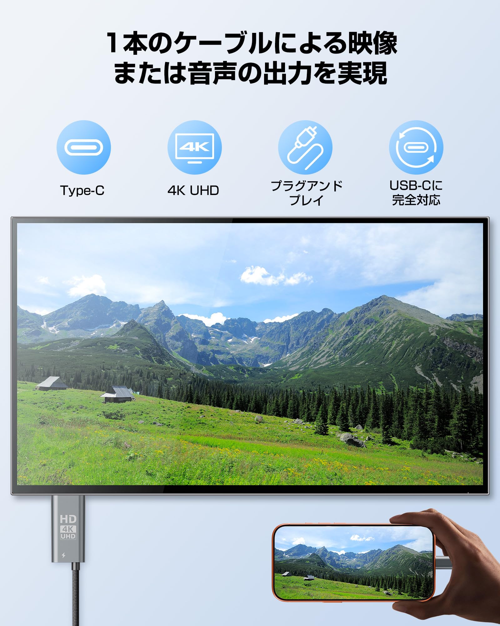 【4K@60Hz】USB-C to HDMI 変換ケーブル 2M 100W PD急速充電 4K@60Hz 画質出力Thunderbolt 4/3 対応【単方向通信】ナイロン編み iPhone HDMIケーブル付属 2in1 マルチポートアダプタ プラグ＆プレイ iPhone/iPad/Mac/Android対応 - 3
