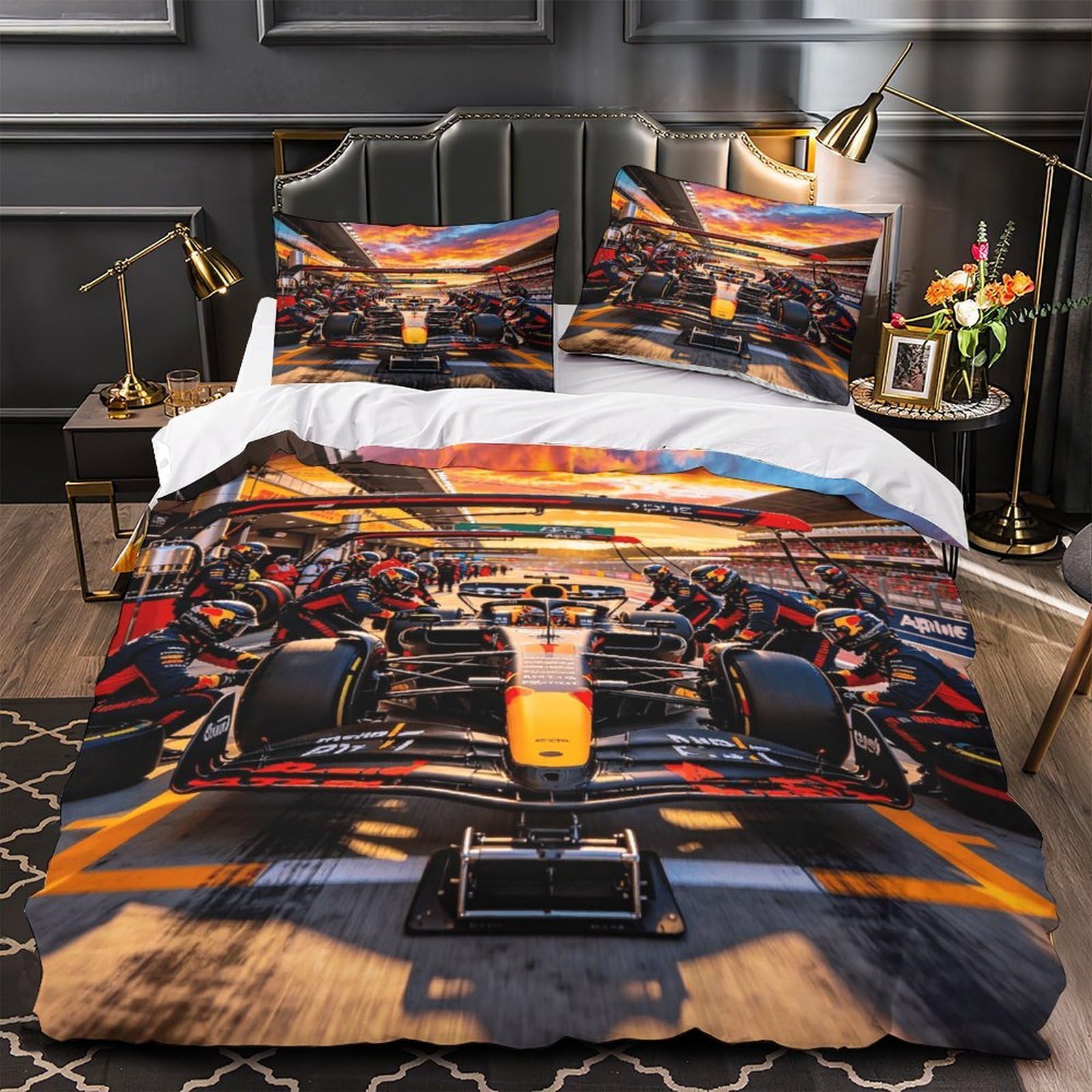 DAFUfbw Breathable Astonmarting Racing Bedding Set Double（200x200cm）, Pit Stop Duvet Cover Set with Pillowcases, 3D Astonmarting Racing Printing Comforter