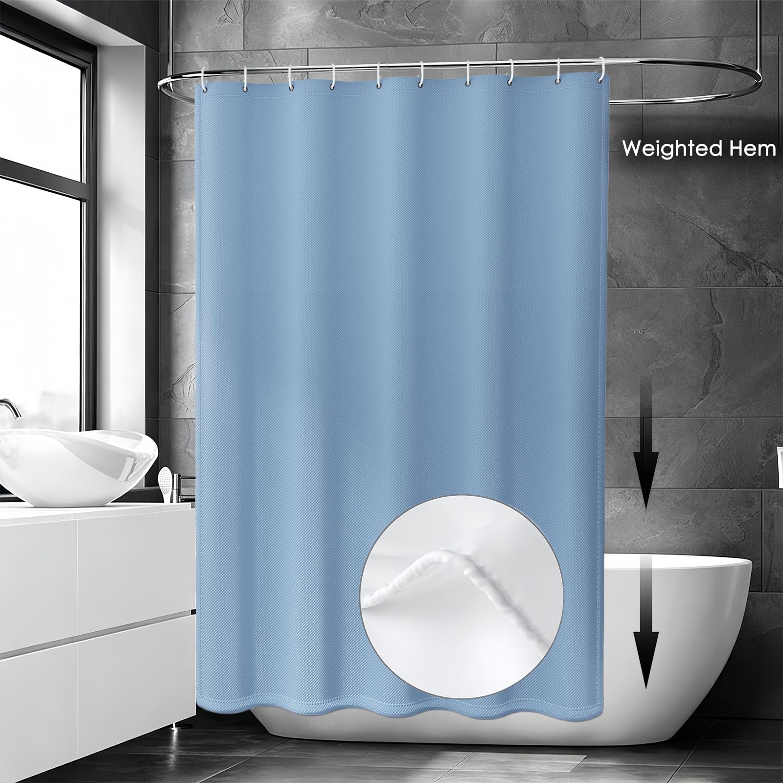 Cortina de Ducha de Tela 270 x 70 cm Cortina de Ducha Resistente Al Moho - Antimoho, Impermeable, Lavable, de Poliéster con Ojales y Anillos, para Baño, Bañera, Azul Claro