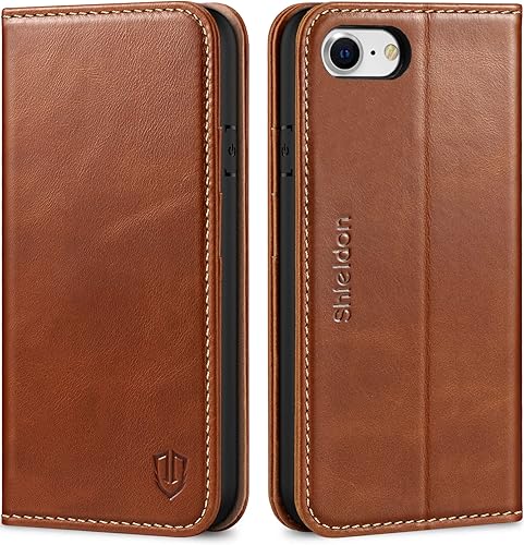 Miniatura 9 de SHIELDON Funda para iPhone SE 2022 5GSE 2020 de 4.7 pulgadas, iPhone 87 Funda tipo cartera de cuero genuino tarjetero Soporte magnético Flip Book