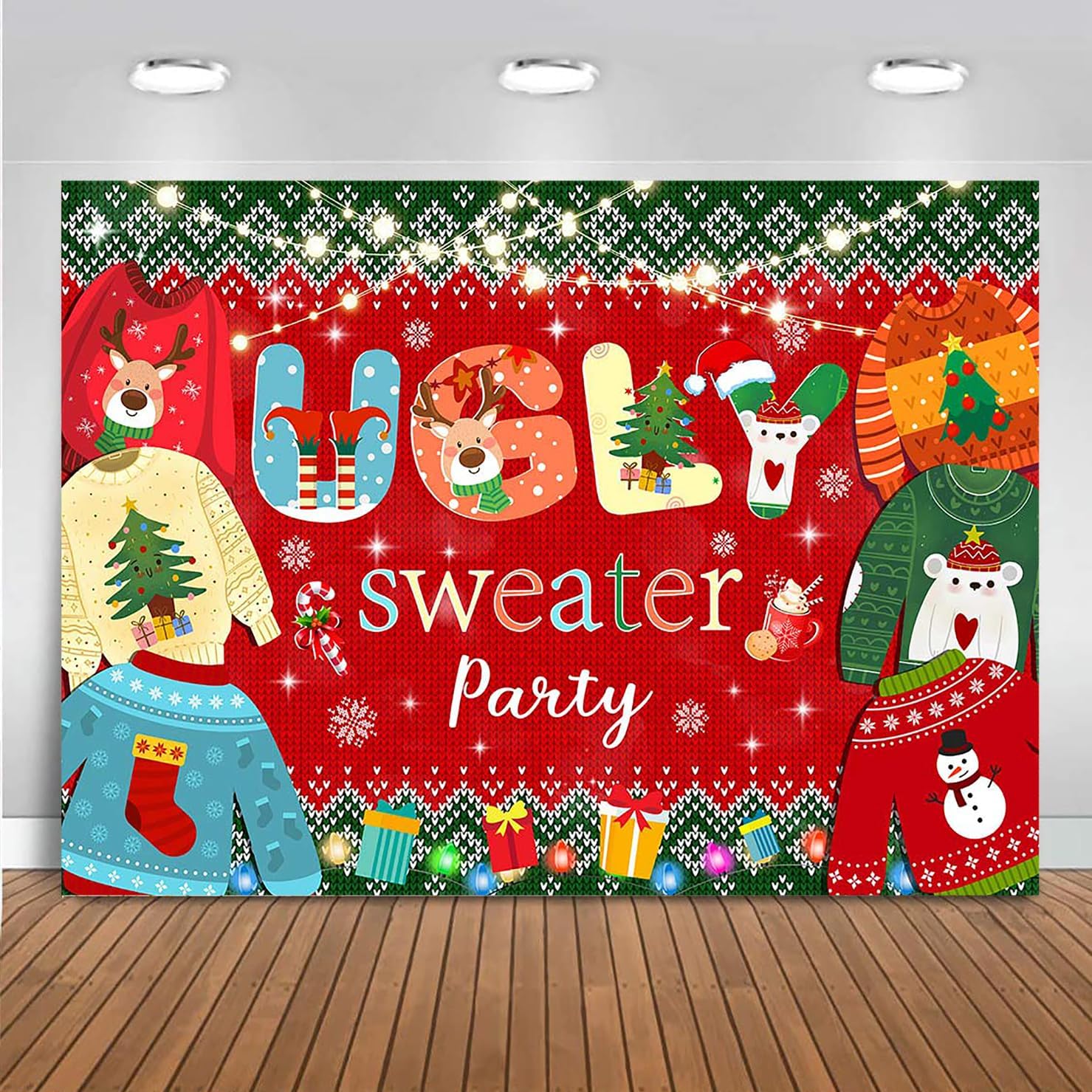Mocsicka Christmas Ugly Sweater Party Backdrop Red and