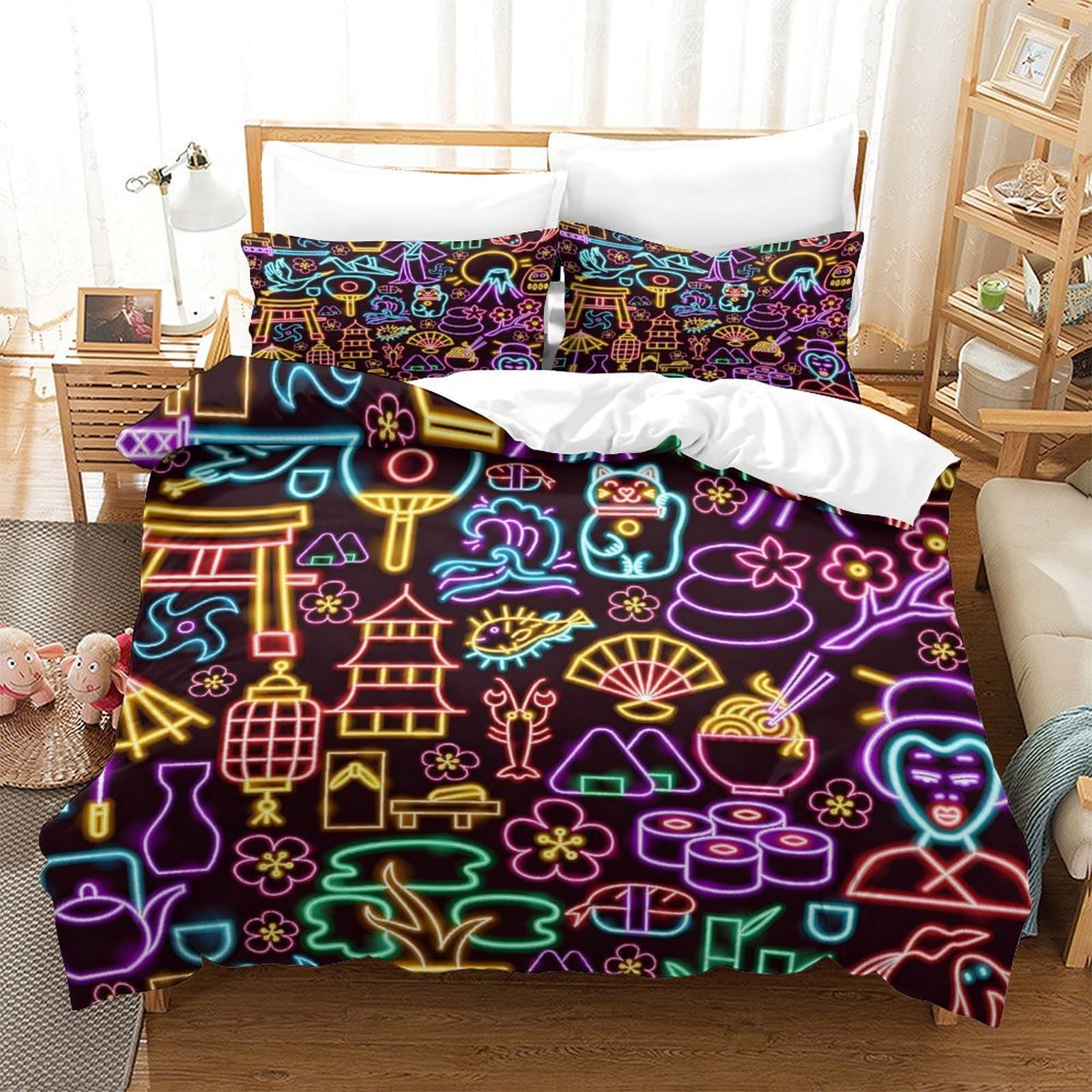 GDEKCIEAS Japan Asia Glowing Neon Pattern Girls Bedding Set,3Pcs Ultra Soft Duvet Cover,Breathable Microfiber Quilt Cover for Teens,Boys,Kids,Adults,Home Decor,Easy Care,Zipper Super King（260x220cm）