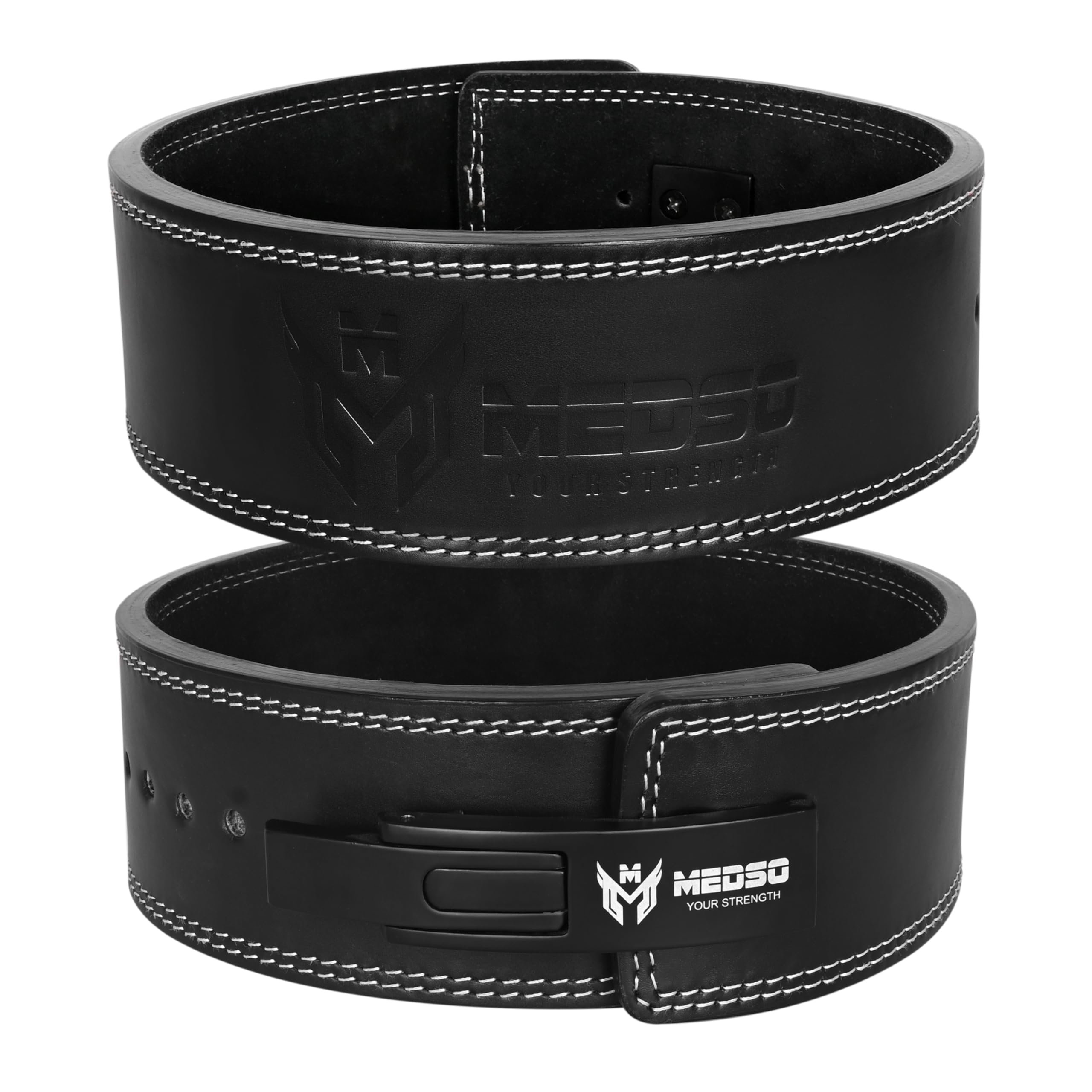 MEDSO Weightlifting 100% Genuine Leather Lever Belt, For Weight Lifting, Powerlifting, Cross Training, Squats, Deadlift, Workout Belt, 10MM Thickness 4” Wide for Men and Women (BLACK, S) — image 1