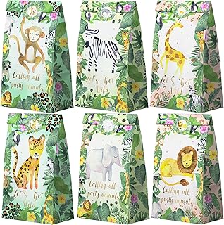 HaPiBiDesign Watercolor Safari Party Favor Bags - 24 Pcs Jungle Party Candy Bags with Stickers - Jungle Goodie Gift Treat Bags - Watercolor Safari Themed Birthday Party Supplies
