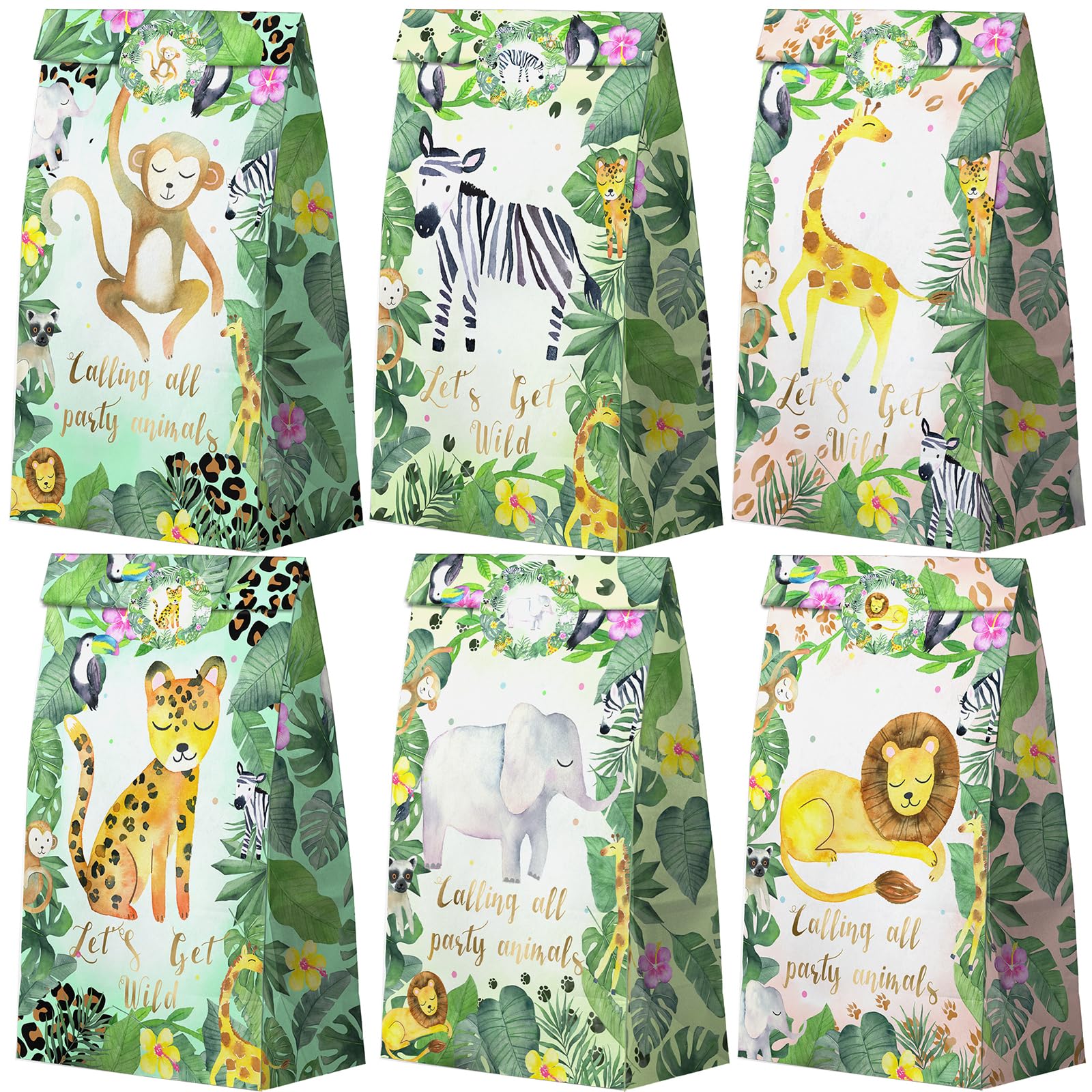 HaPiBiDesign Watercolor Safari Party Favor Bags - 24 Pcs Jungle Party Candy Bags with Stickers - Jungle Goodie Gift Treat Bags - Watercolor Safari