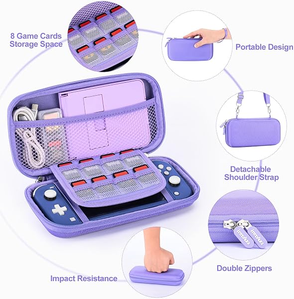 innoAura Switch Lite Case 18-in-1 Accessories Bundle for NS Switch Lite (2019), with Protective Carrying Case, Game Holder, Screen Protector & Cute Thumb Grips, Purple - 3