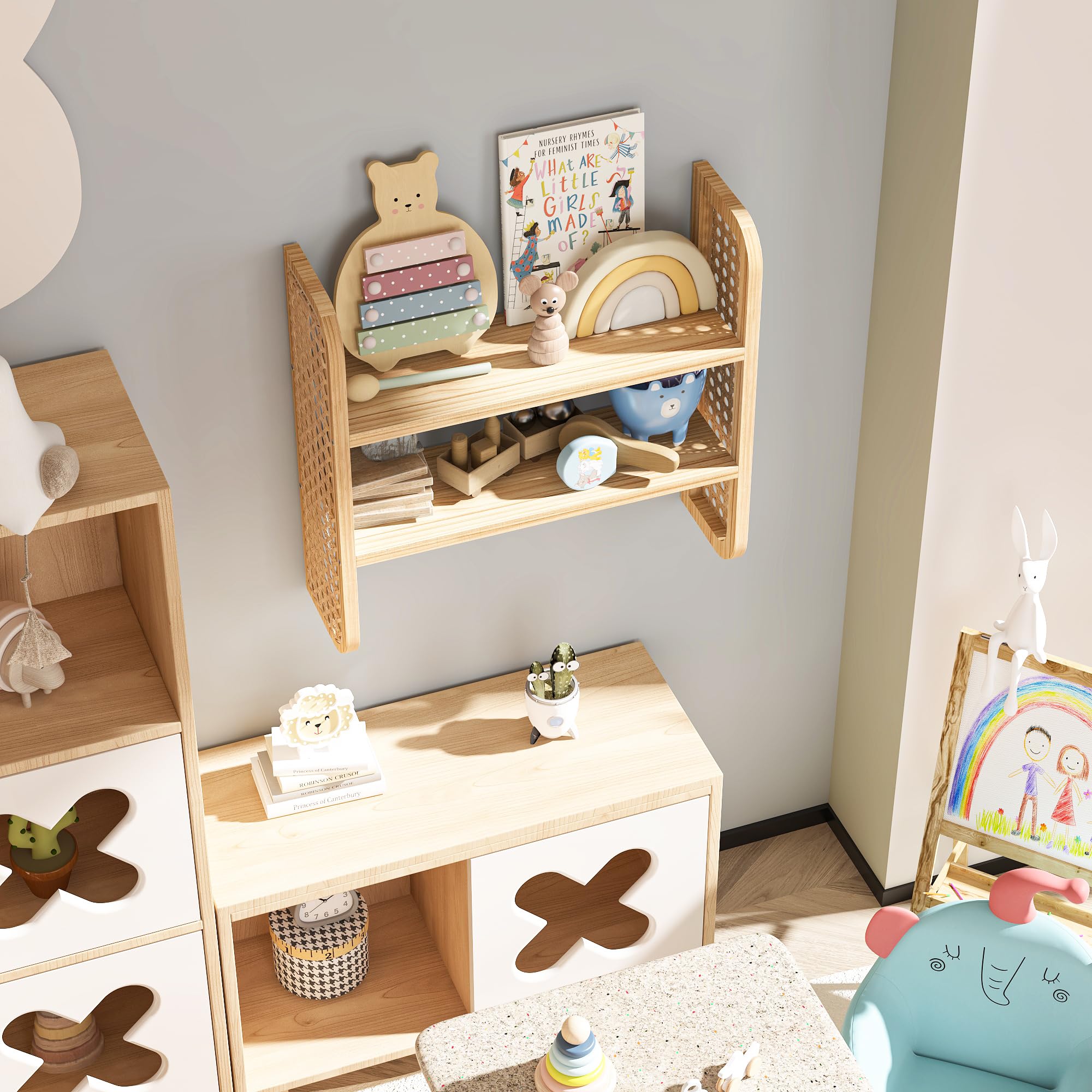 Schwebende Wandregale Natürliches Rattan Wandregal 2-stöckig, Boho Geflechtregal zur Wandmontage, Handgefertigtes Aufbewahrungsregal für Küche, Bad, Wohnzimmer & Kinderzimmer