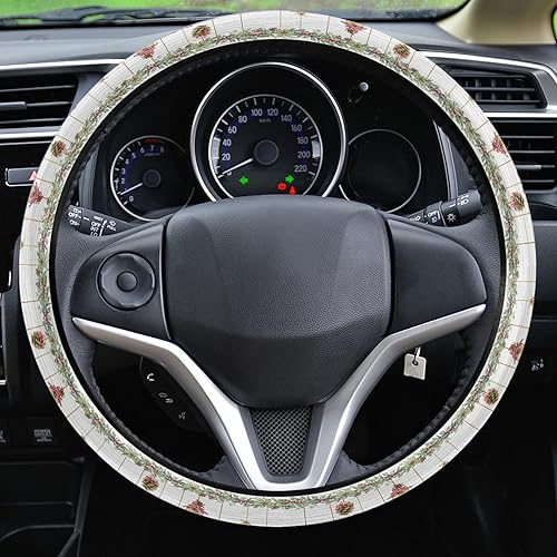 Miniatura 2 de Funda para volante de automóvil, bolas de Navidad, hojas de bayas, de madera blanca, retro, elástica, esponja, volante, funda protectora para