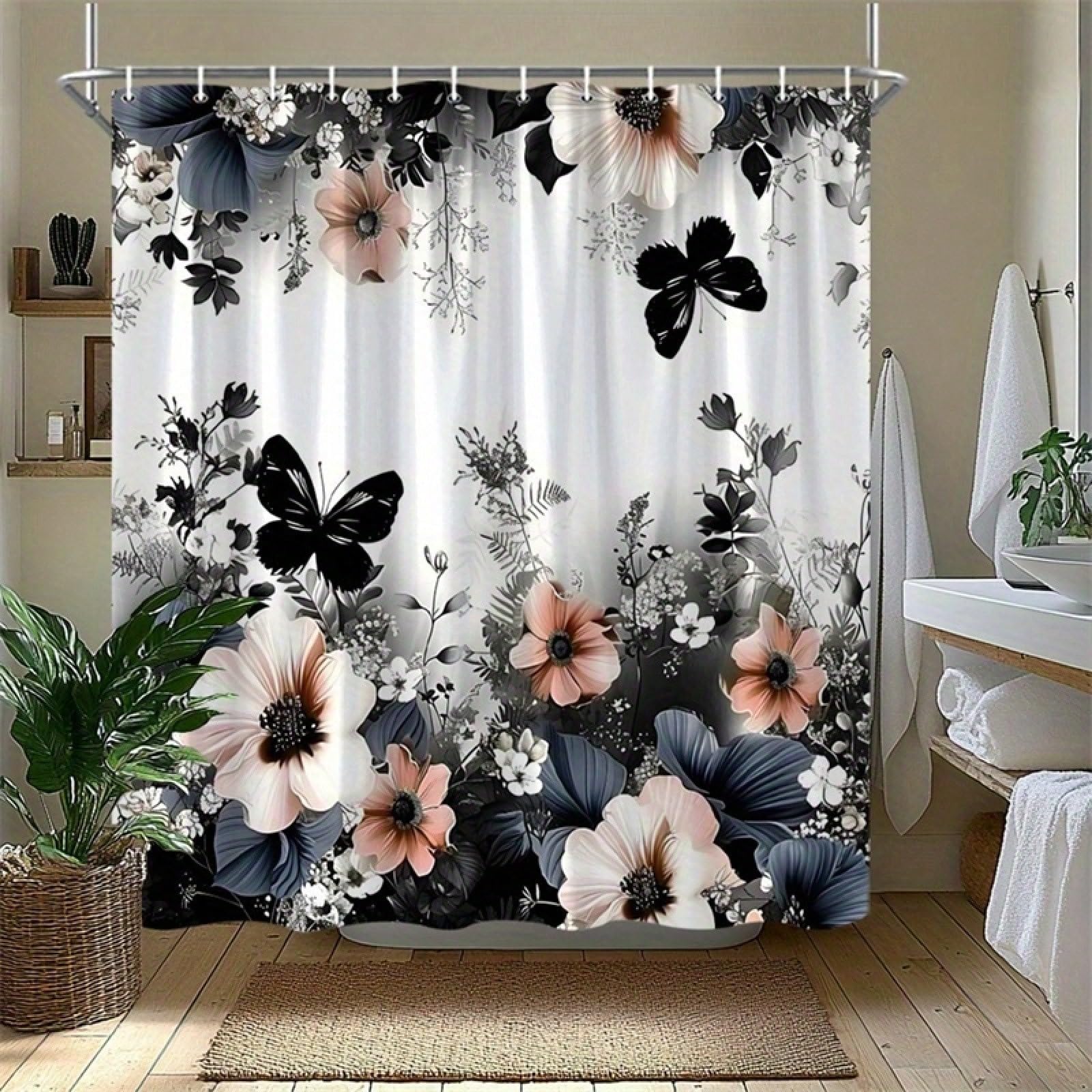 Farn-Duschvorhang, floraler Badezimmervorhang mit rosa/weiß/blauen Blumen und schwarzen Mustern (180 x 300 cm / 71 x 118 Zoll (B x H))