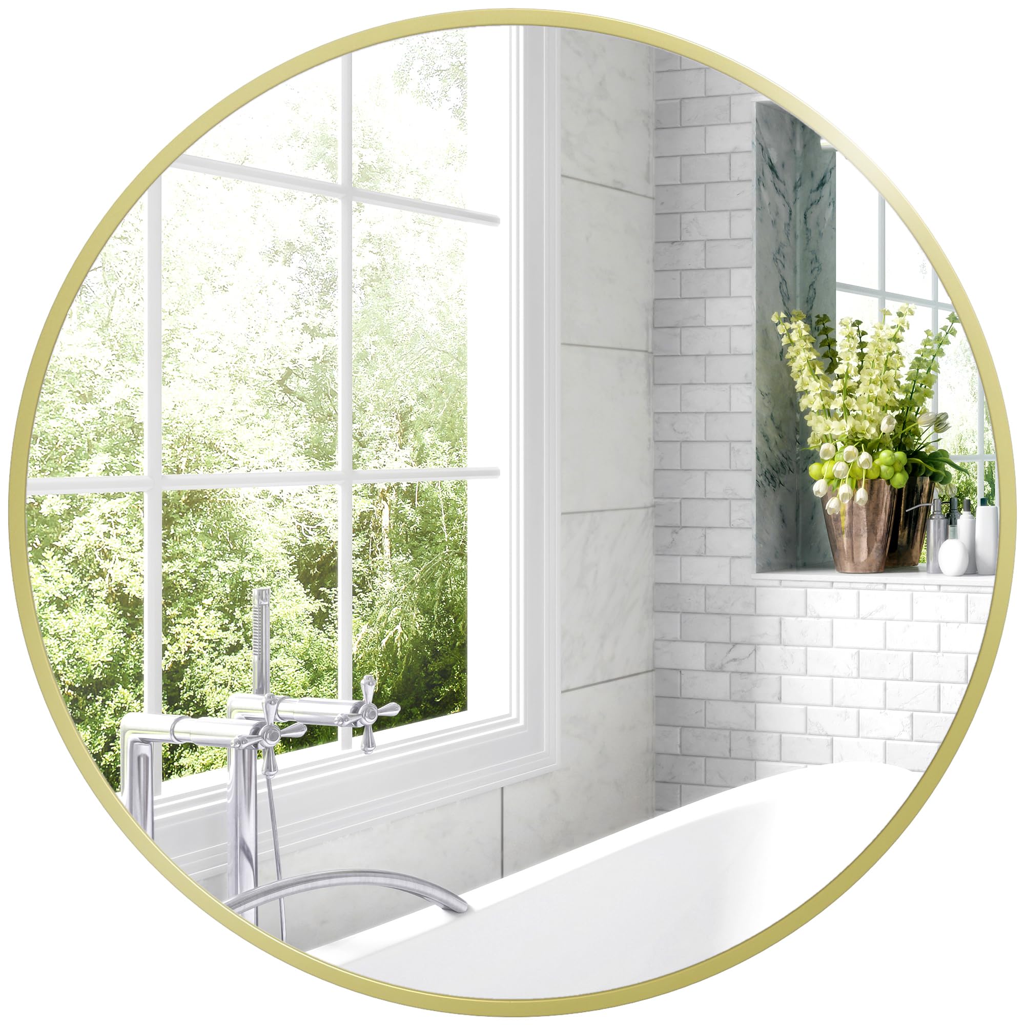 HOMCOM Espejo de Baño Ø70 cm Espejo de Pared Espejo Decorativo con Marco de Aluminio y Gancho Fácil Instalación para Salón Entrada Pasillo Dorado