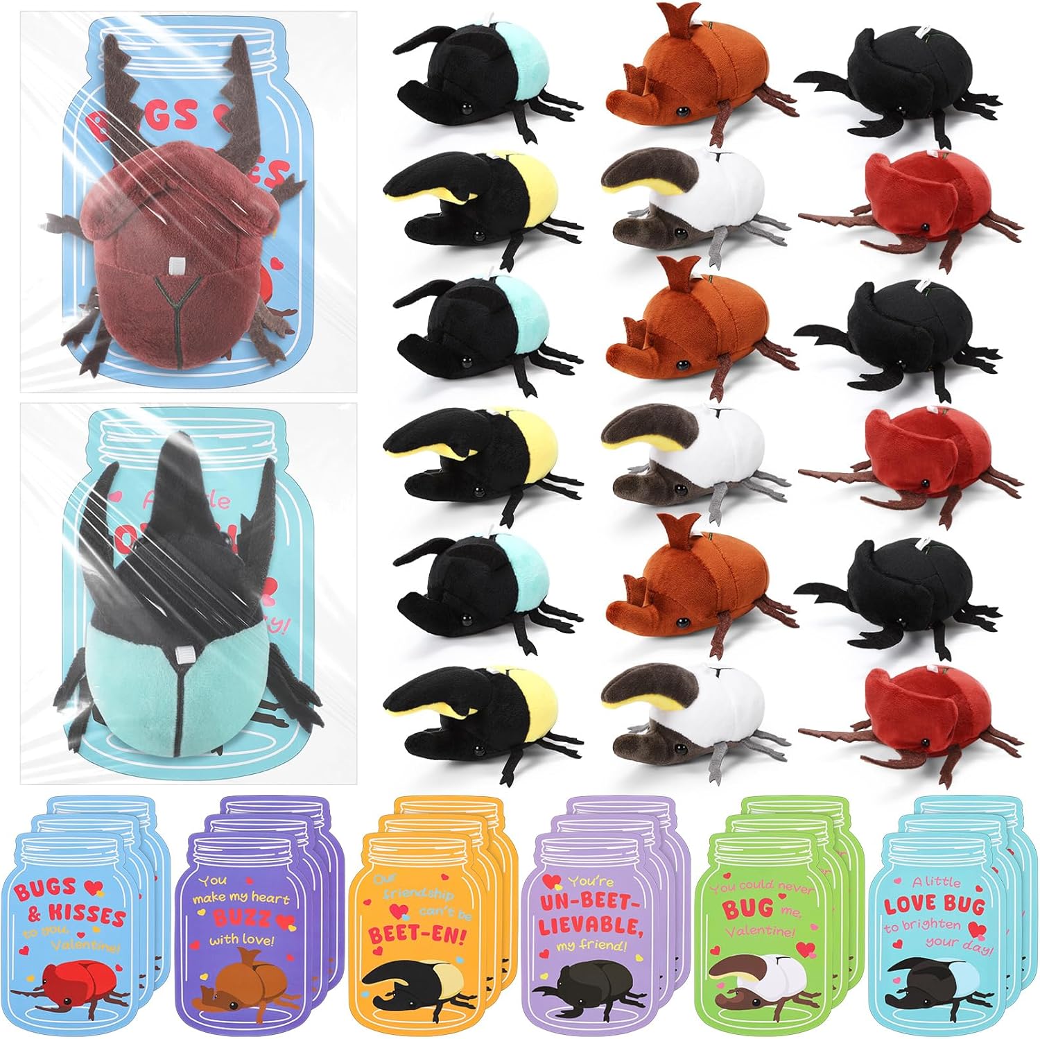 18 Set Valentines Classroom Gifts Beetle Plush Toy Mason Jar Greeting Cards 4 Inch Beetle Stuffed Animals for Valentine's Day School Classroom Prizes Party Gifts Exchange(Beetle)