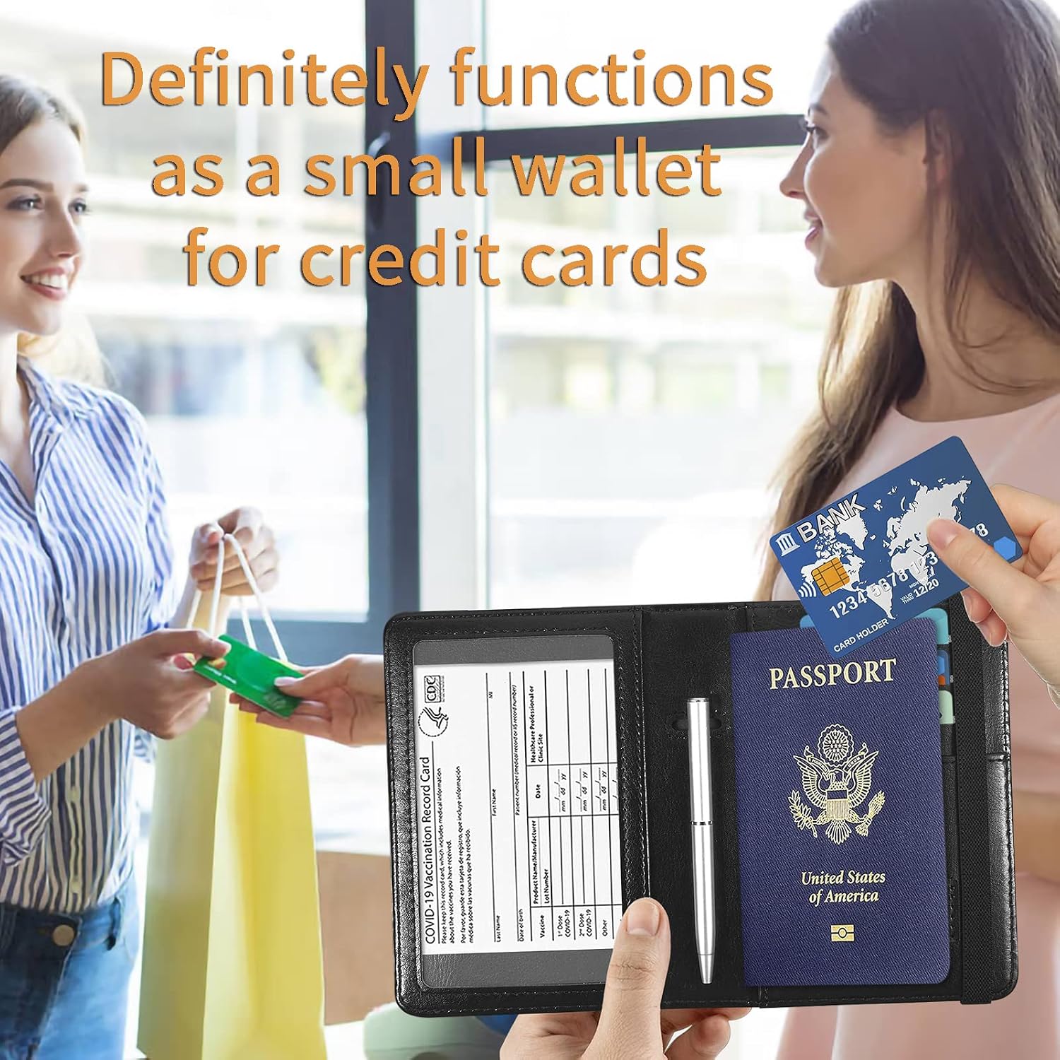 Passport Case and CDC Vaccine Card Holder Combo, Skull Skeleton Leather Wallet RFID Blocking Elastic Strap Passport Holder with Credit Card Slots, Travel Organizer Document Plus a Pen