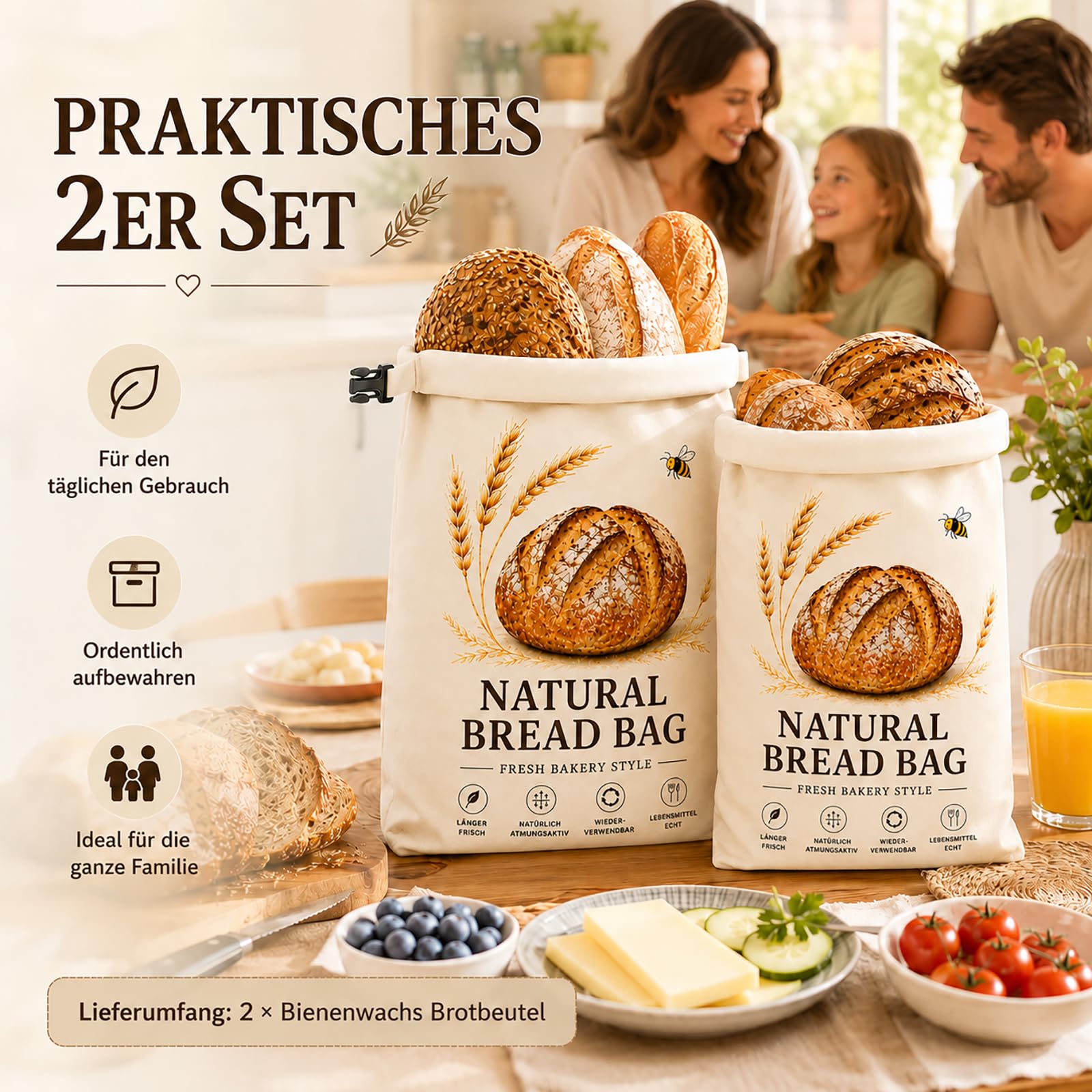 2 sacchetti per il pane in cera d'api, 42 x 33 cm, riutilizzabili, in cotone e TPU, con chiusura a clip, per pane, toast, baguette, panini, croissant, bagel e prodotti da forno