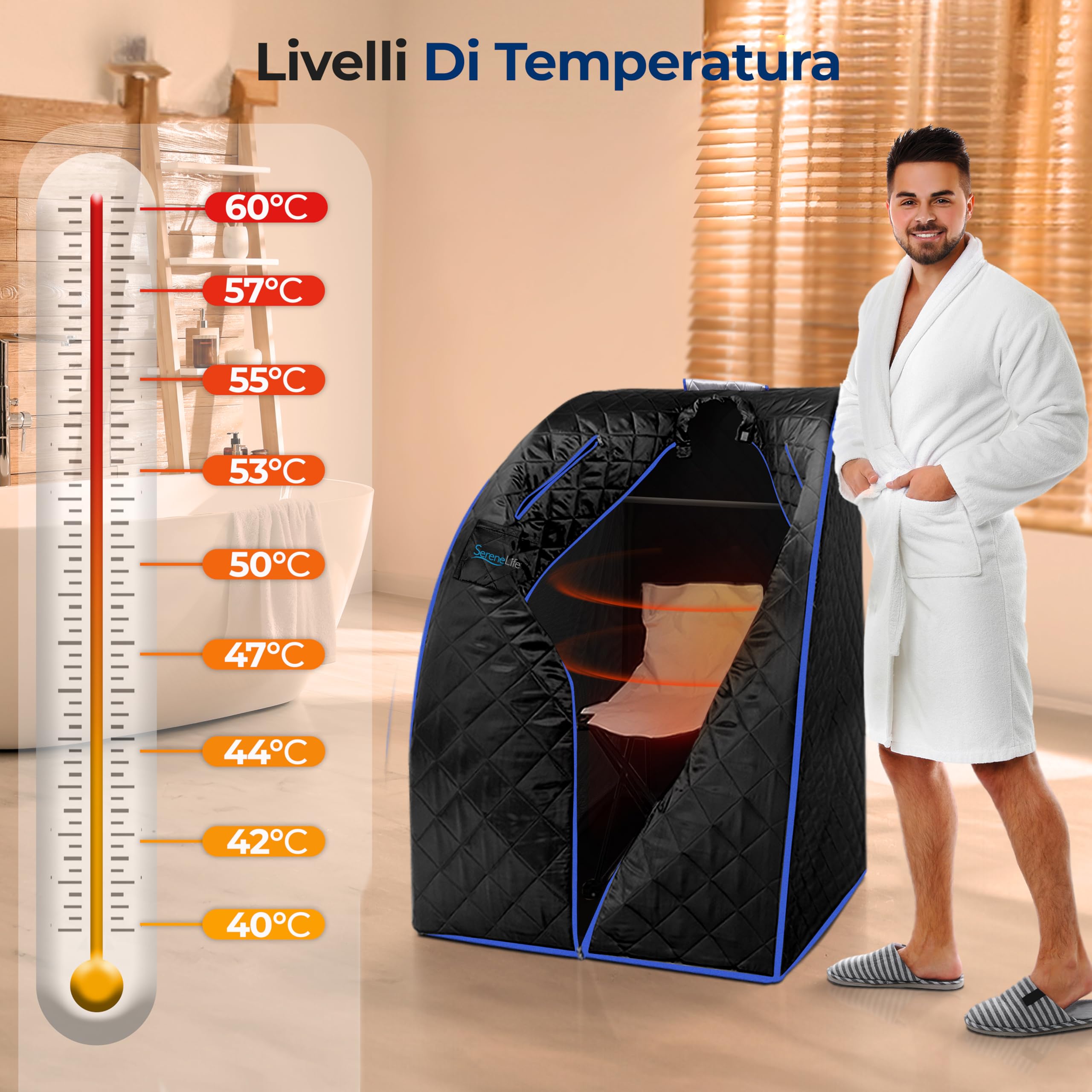 SereneLife Sauna a Vapore Portatile, Sauna Monoposto da Casa, Bagno Turco, Sauna Infrarossi con Tappetino Scaldapiedi e Sedia Pieghevole, Cabina Domestica per Spa, Nero