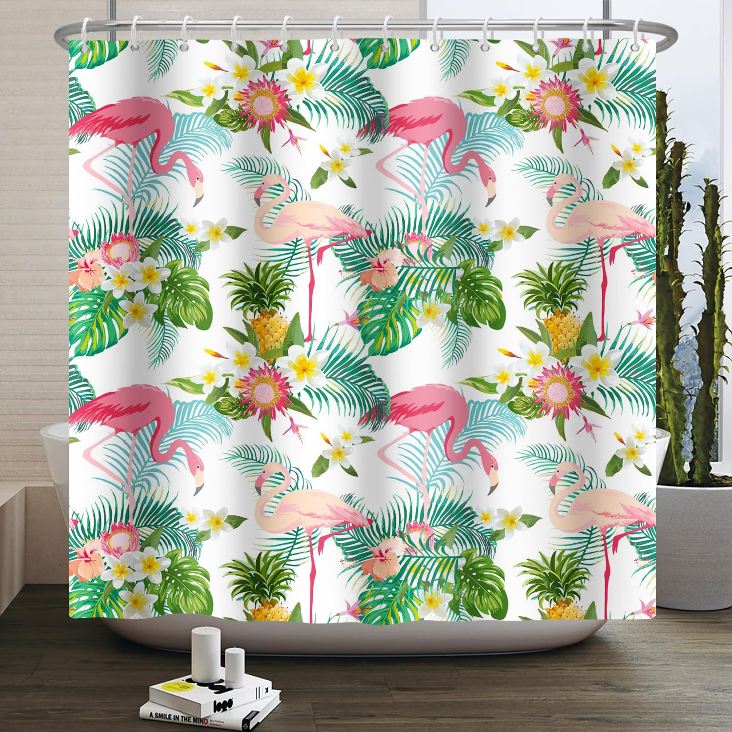 Shower Curtain Flamingo Tropical Flower Shower Curtains Mould Proof Resistant Anti Mould Shower Curtain Polyester Bathroom Curtains Durable Bathroom Shower Curtain with 12 Hooks 150x180cm