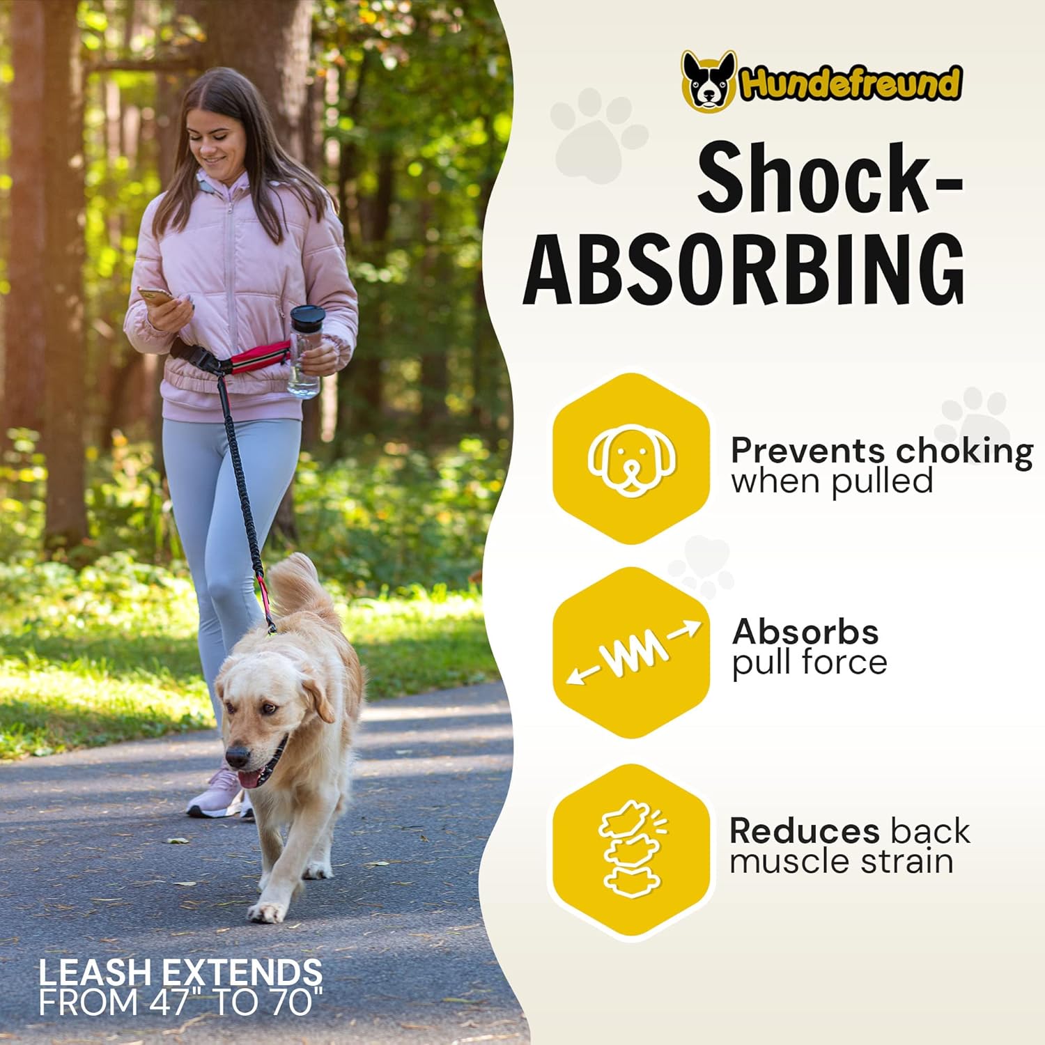 Hundefreund Hands-Free Dog Leash for Medium and Large Dogs (30-150 lbs) – Shock Absorbing Bungee Running Leash with Waist Belt, Dual Handle, Reflective Design for Training, Hiking & Walking (Red)