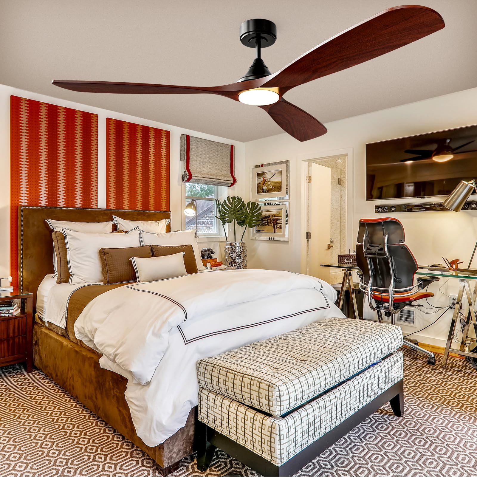 60 Inch Ceiling Fan with Lights, Solid Wood Blades Smart Ceiling Fan with Remote and App Controls, ETL Quiet DC Motor 6 Speed, Timing, High CFM, Dimmable LED Light for Home Office, Black + Red Walnut