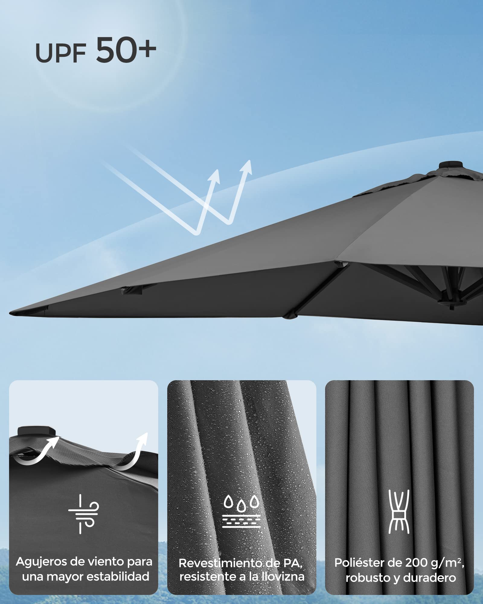 SONGMICS Sombrilla de Jardín de 290 x 290 c, Parasol Excéntrico, UPF 50+, Giratorio 360°, Inclinación Ajustable, con Base en Cruz, Correa de Sujeción y Funda, Gris GPU039G01