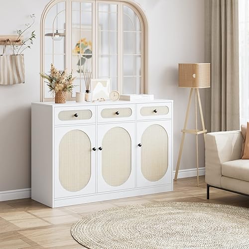 Miniatura 2 de FOTOSOK Gabinete de buffet gabinete de cocina de ratán con 3 puertas y 3 cajones aparador con almacenamiento y estantes ajustables mesa de buffet de