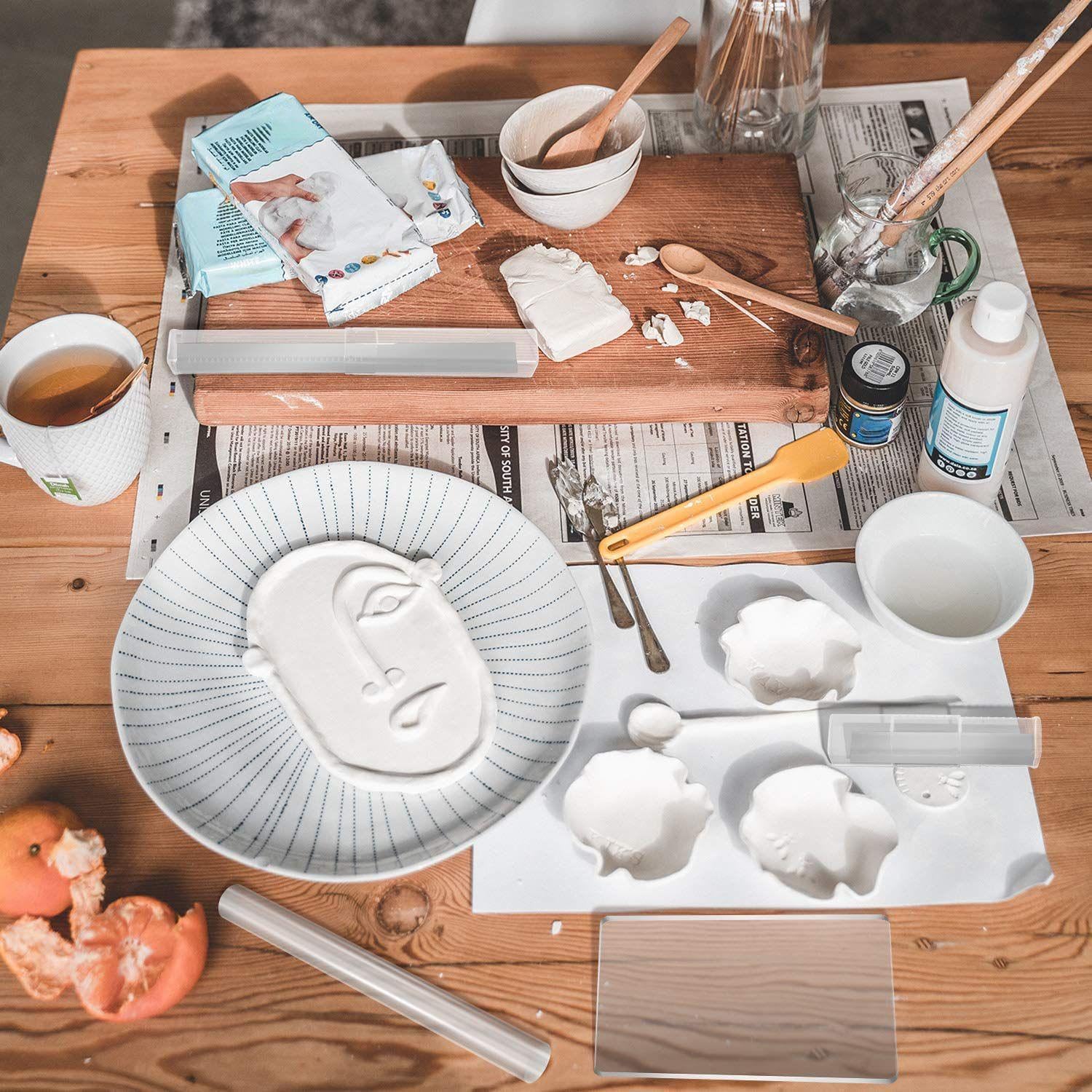 Mudder 4-Piece Polymer Clay Tools: Acrylic Roller, Clear Sheet, Flexible Carbon Steel Cutters for DIY Sculpting & Modeling