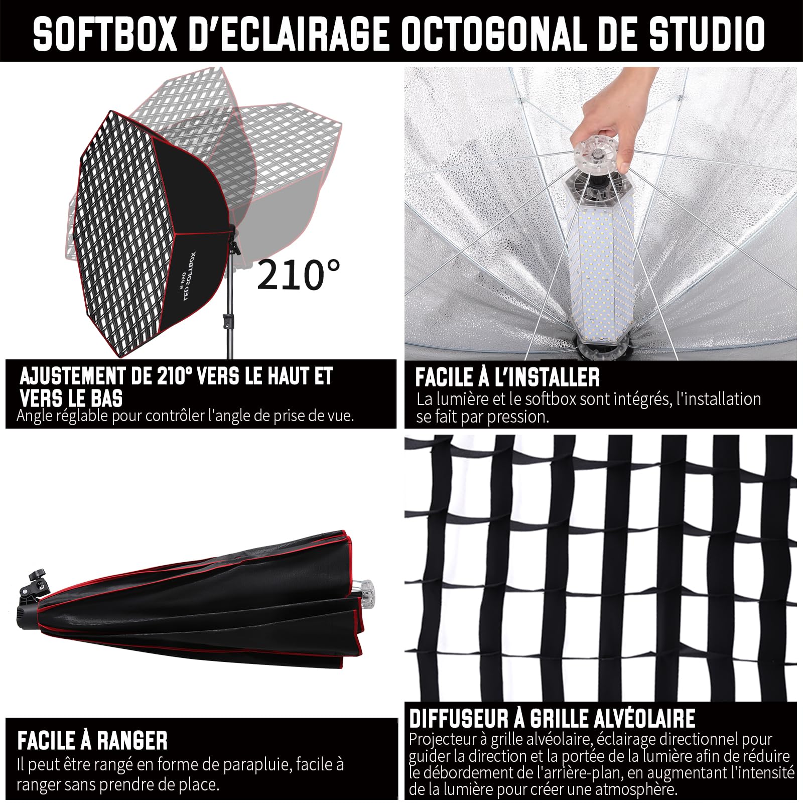 Kit d'éclairage 110 W Boîte à lumière avec Grille Alvéolaire, 95cm